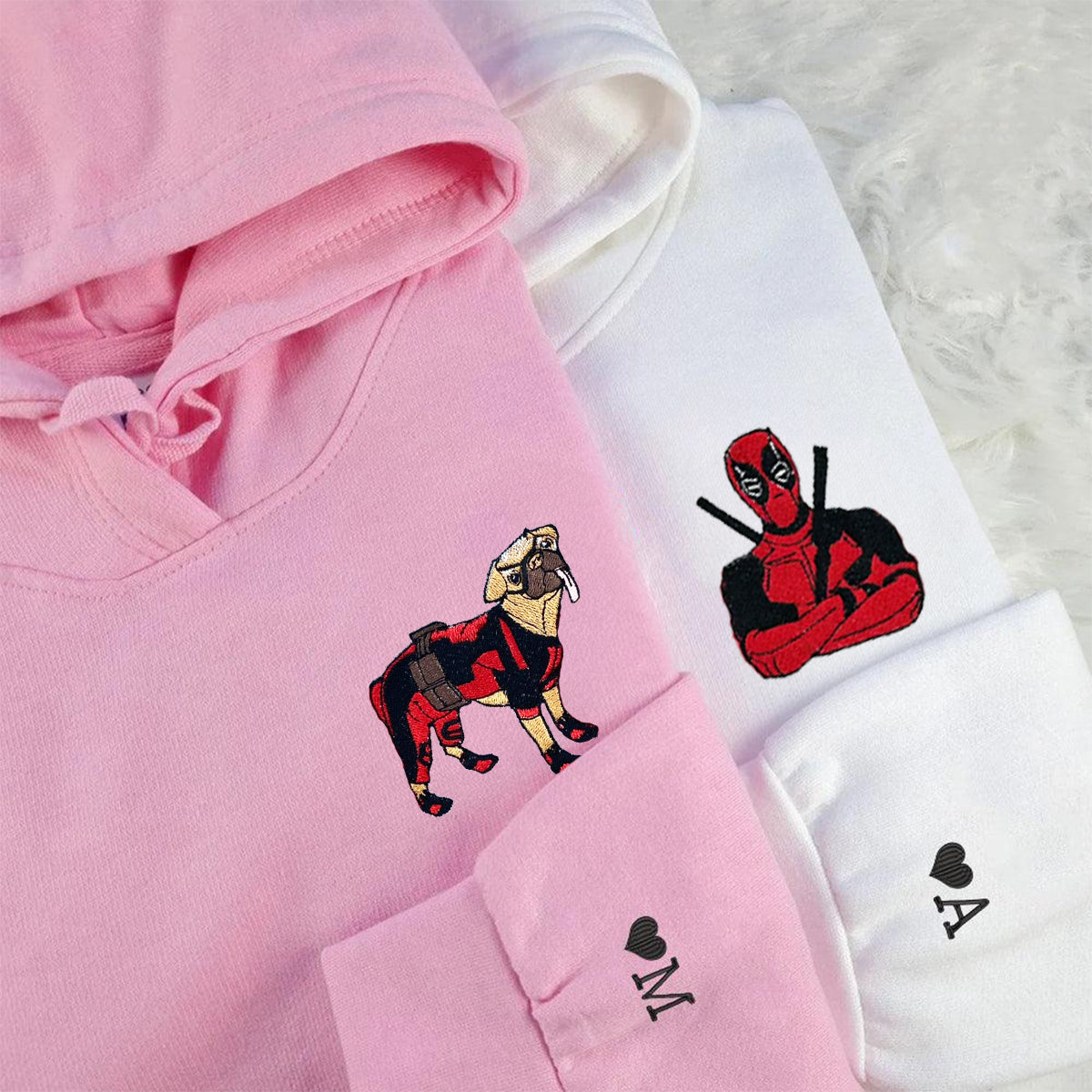 Custom Embroidered Hoodies & Sweatshirts for Couples with Initials, Red Masked Hero & Pup Matching Set