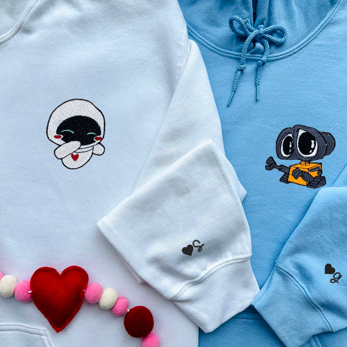 Custom Embroidered Hoodies & Sweatshirts for Couples with Initials, Romantic Cartoon Robot Duo Set