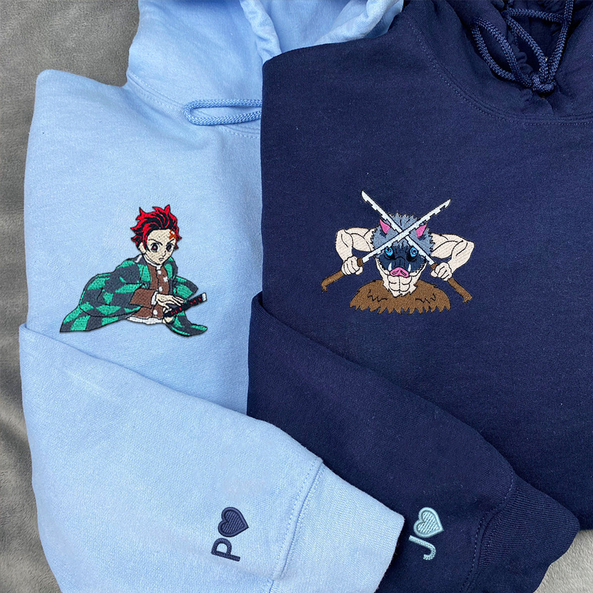 Custom Embroidered Hoodies for Couples, Couple Lovely Characters Embroidered Hoodie