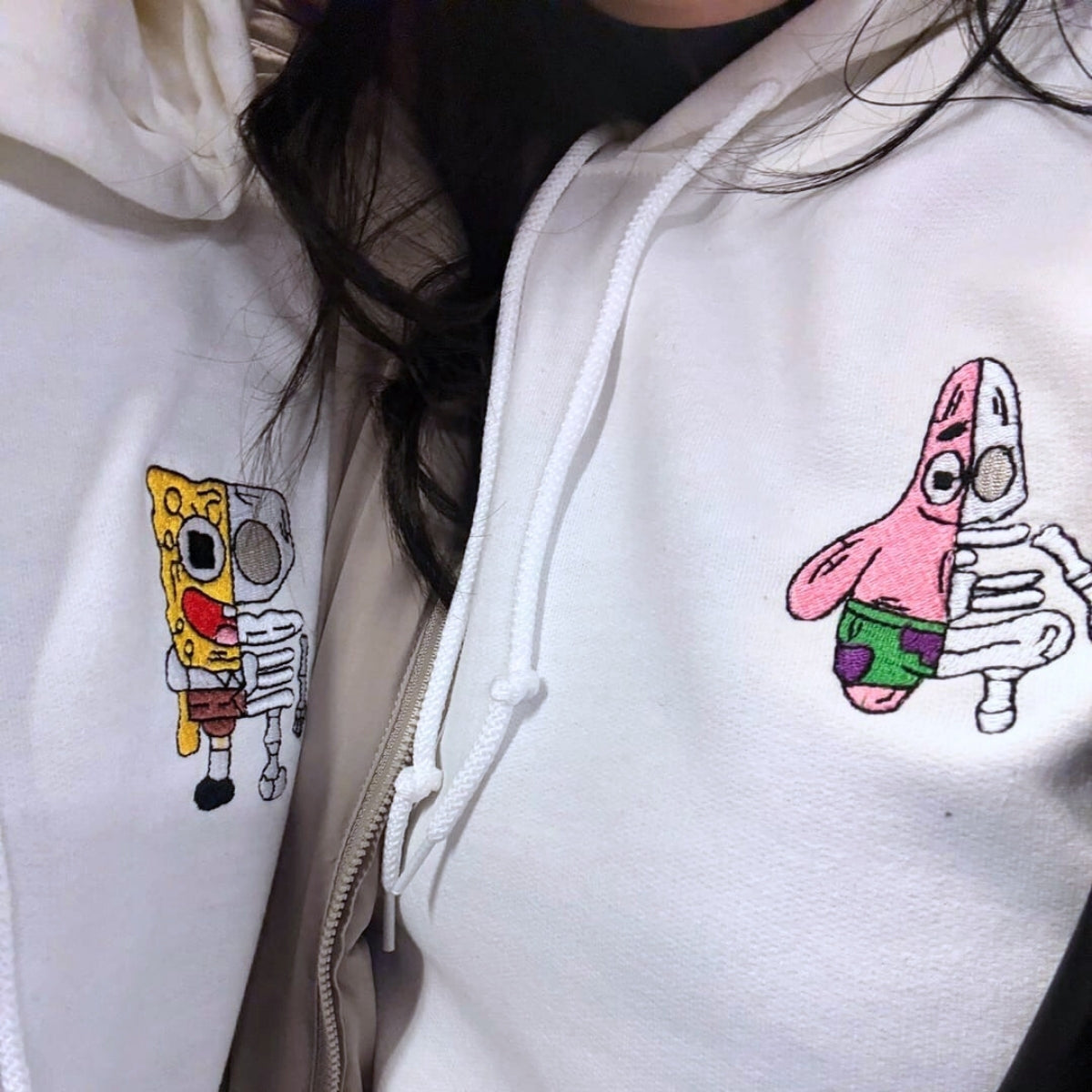Custom Embroidered Hoodies for Couples, Lovely Sponge Cartoon Characters Halloween Couples Embroidered Hoodie