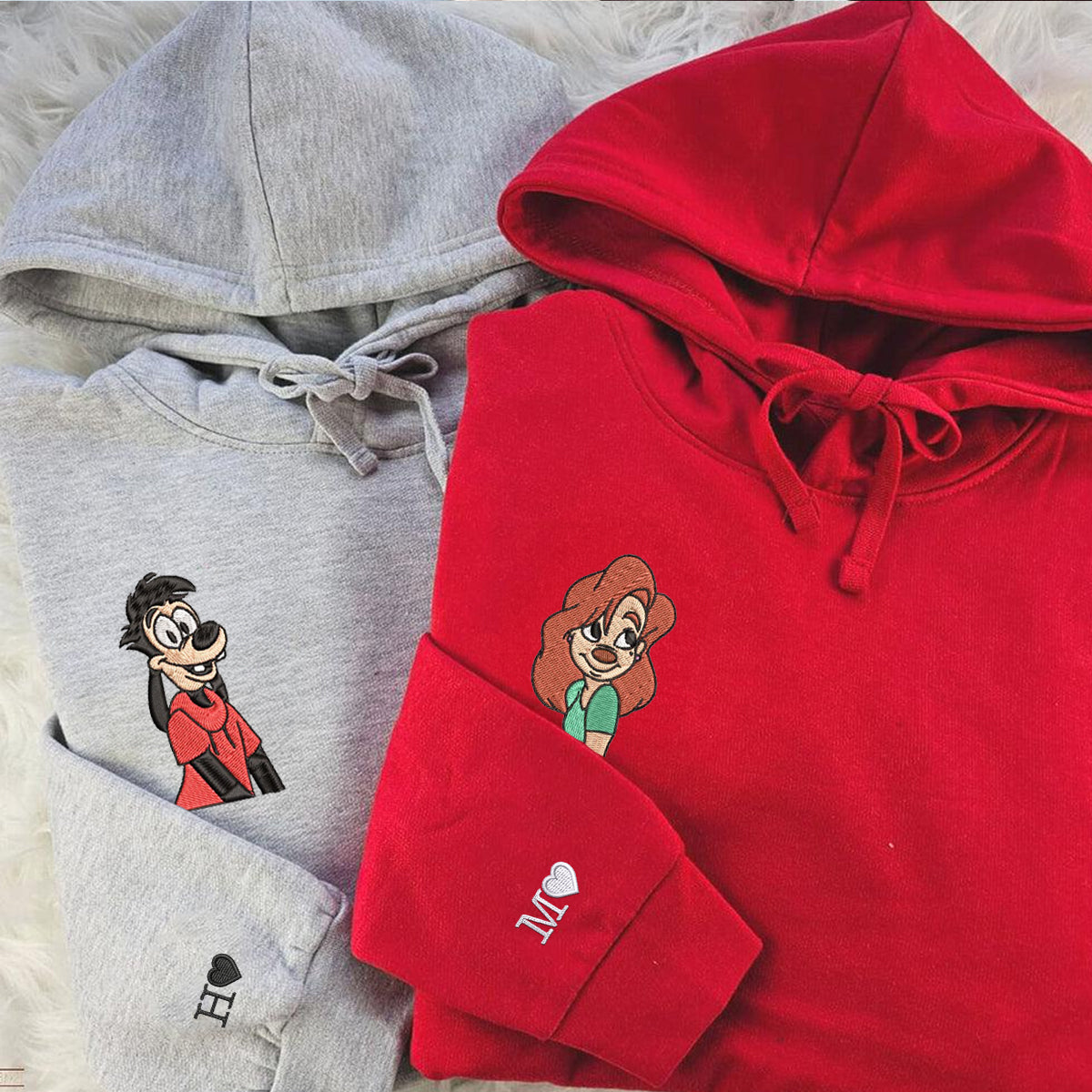 Custom Embroidered Hoodies for Couples, Romantic Cartoon-Inspired Matching Hoodies