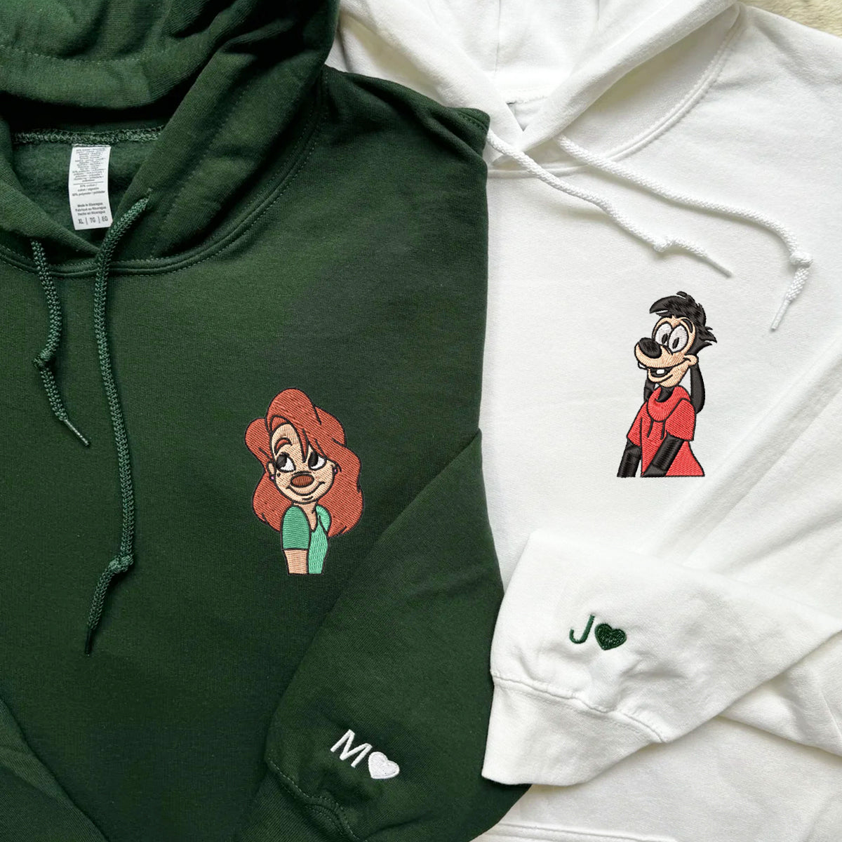 Custom Embroidered Hoodies for Couples, Romantic Cartoon-Inspired Matching Hoodies
