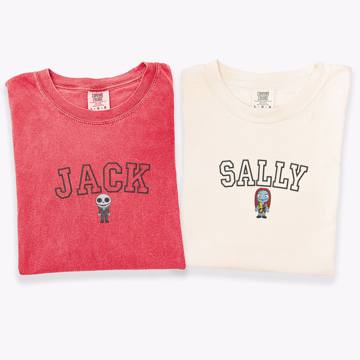 Custom Embroidered Gothic Skeleton & Doll-Inspired Minimalist Matching T-shirts for Couples