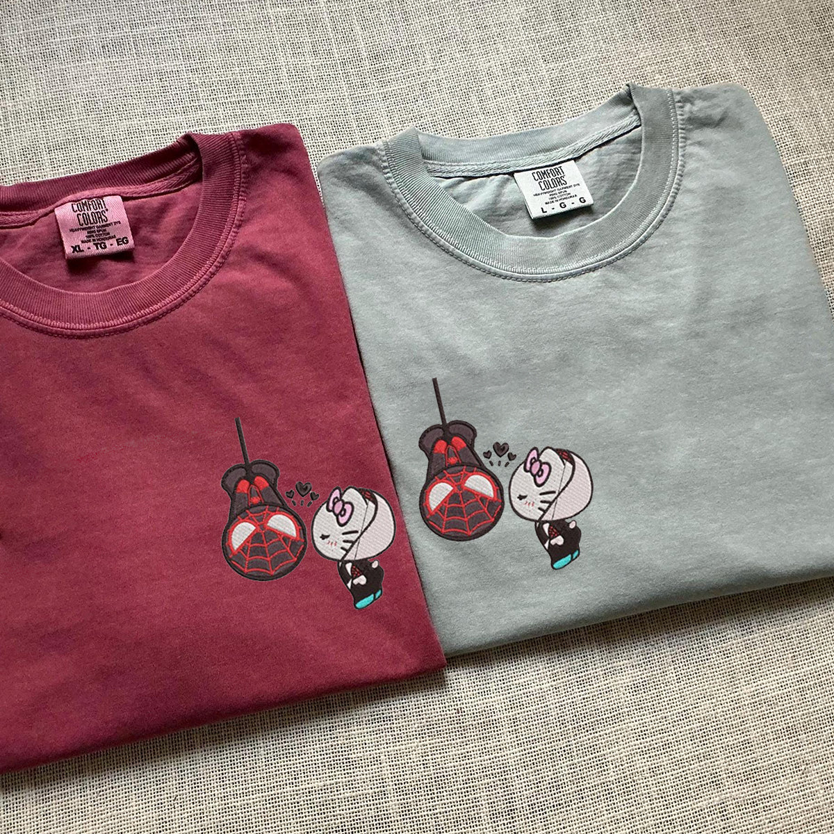 Custom Embroidered Lovely Kitten Kiss Spider Chibi Matching T-shirts for Couples