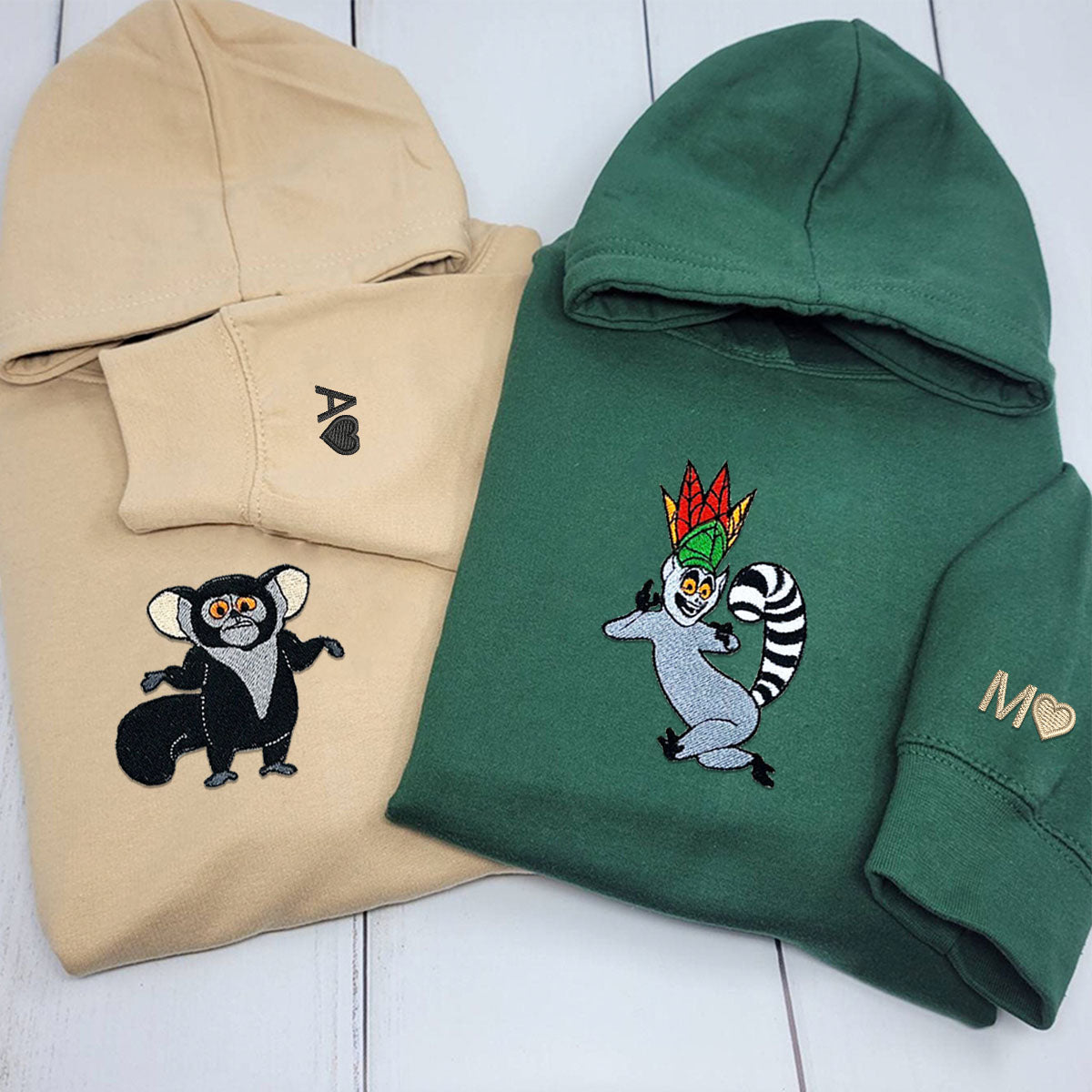 Custom Embroidered Matching Hoodies, Funny Cartoon Animal Characters for Couples