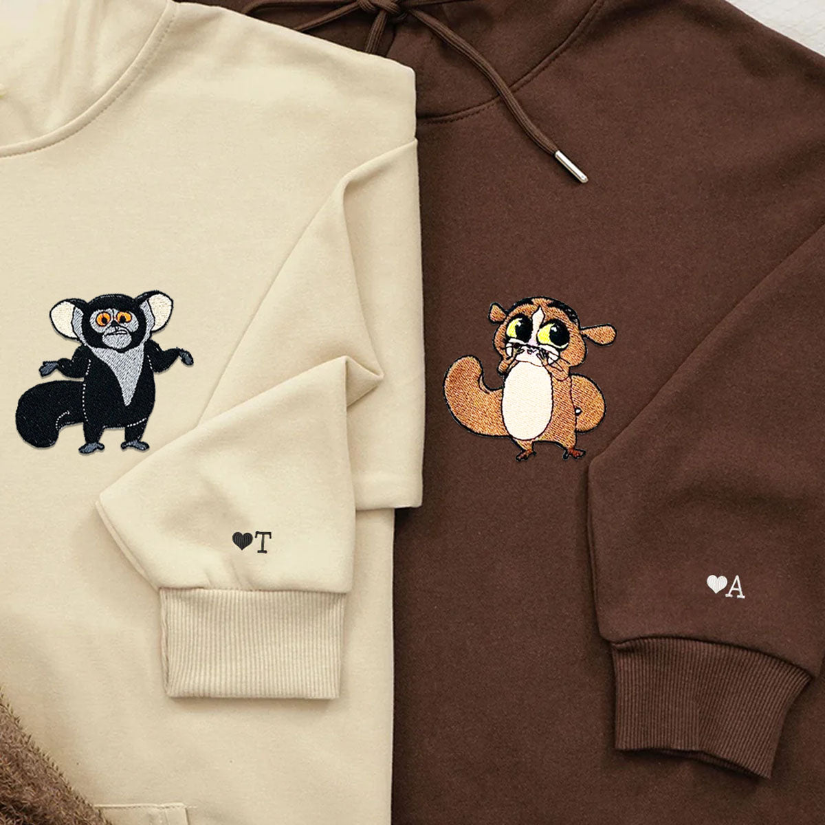 Custom Embroidered Matching Hoodies, Lovely Cartoon Animal Characters for Couples