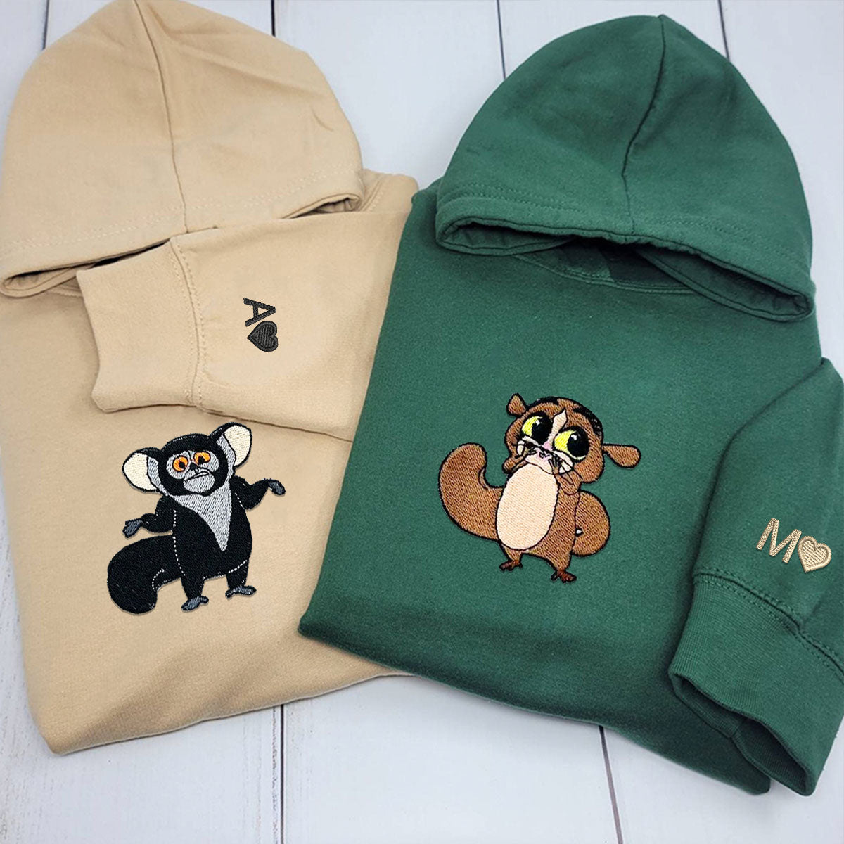 Custom Embroidered Matching Hoodies, Lovely Cartoon Animal Characters for Couples