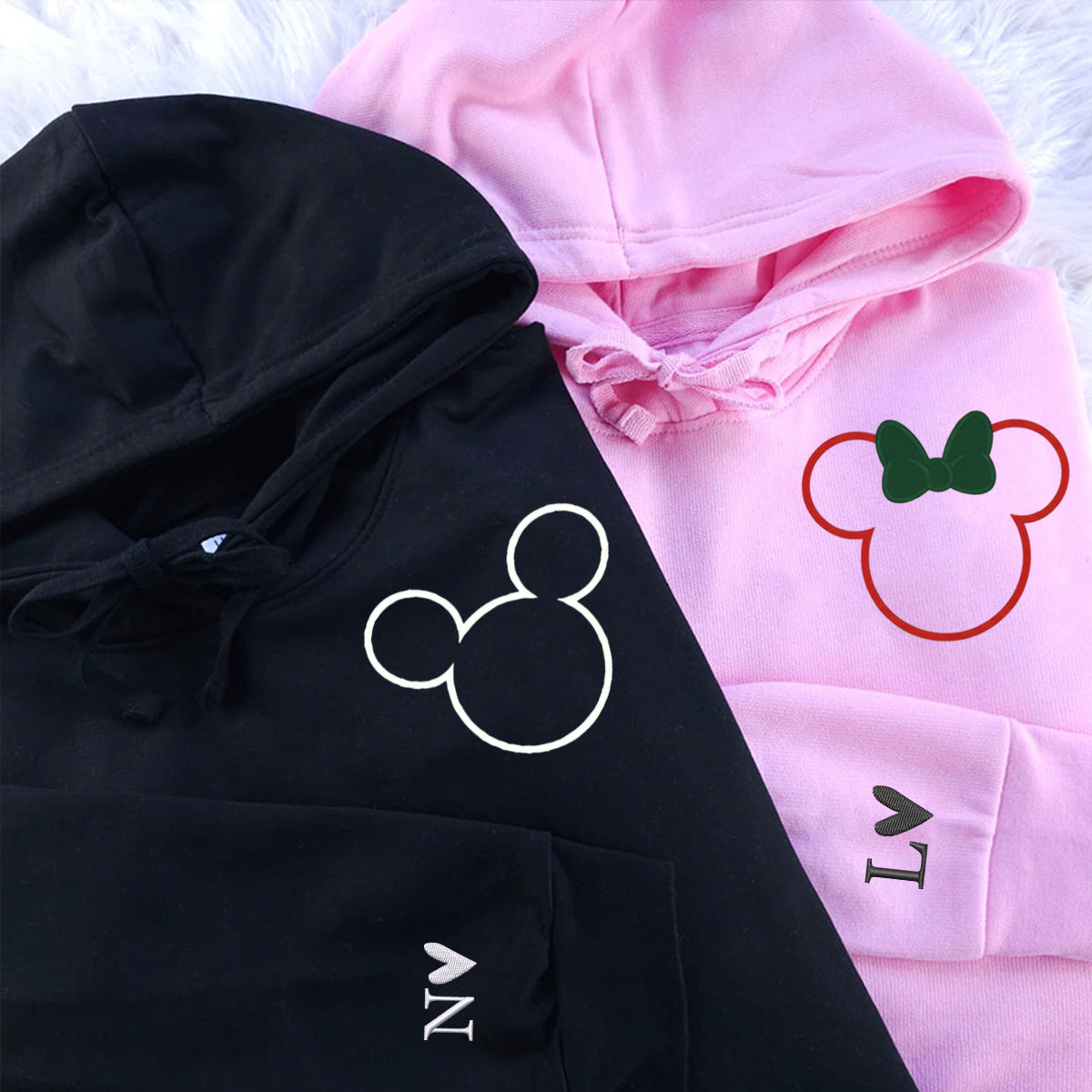 Custom Embroidered Mouse Ear Outlines Christmas Sweatshirt, Cozy Holiday Hoodie Matching for Couples