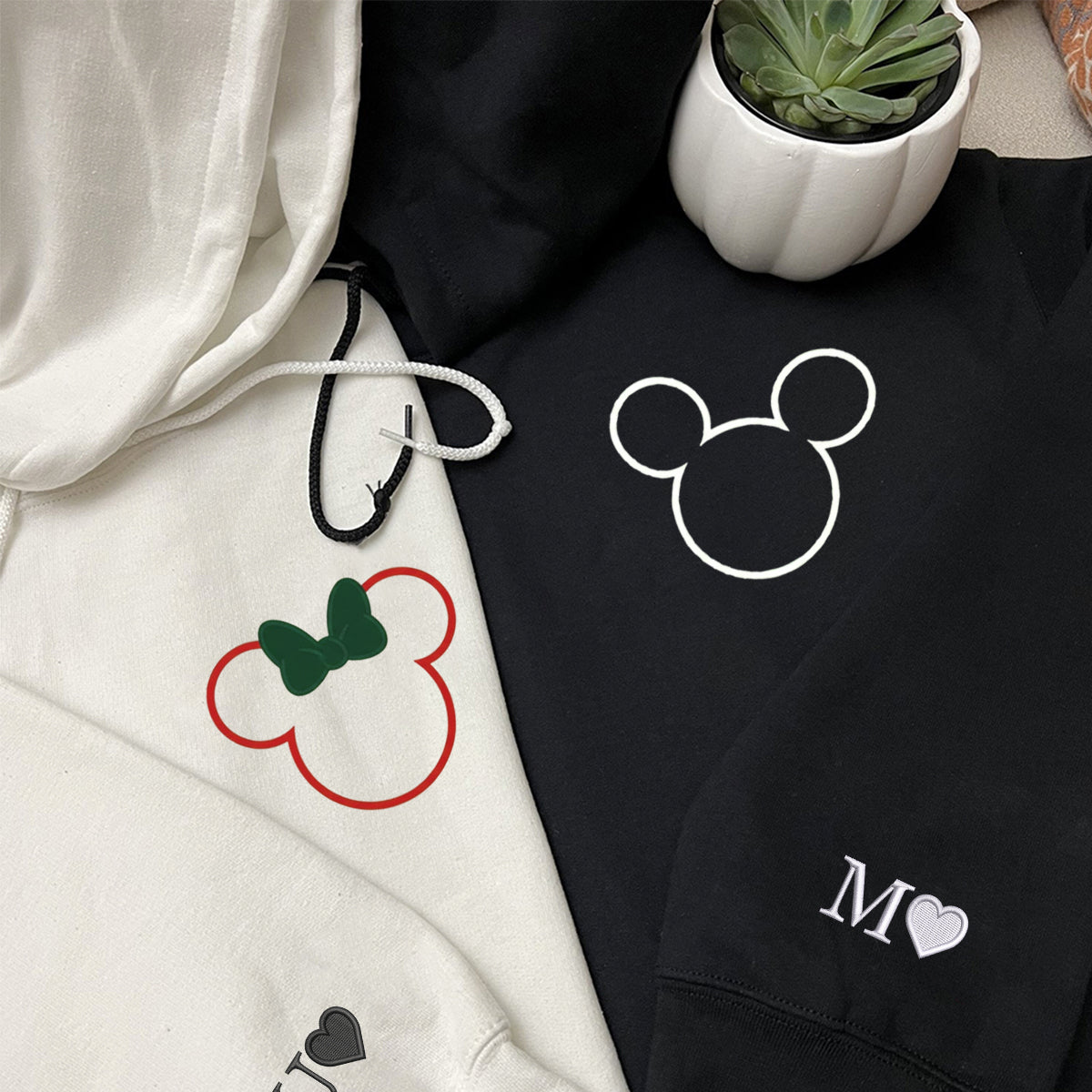 Custom Embroidered Mouse Ear Outlines Christmas Sweatshirt, Cozy Holiday Hoodie Matching for Couples