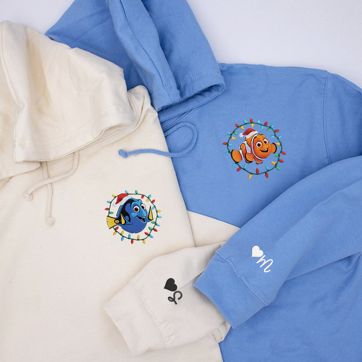 Custom Embroidered Ocean Fish Pair Christmas Hoodie, Cozy Holiday Lights Sweatshirt Matching for Couples