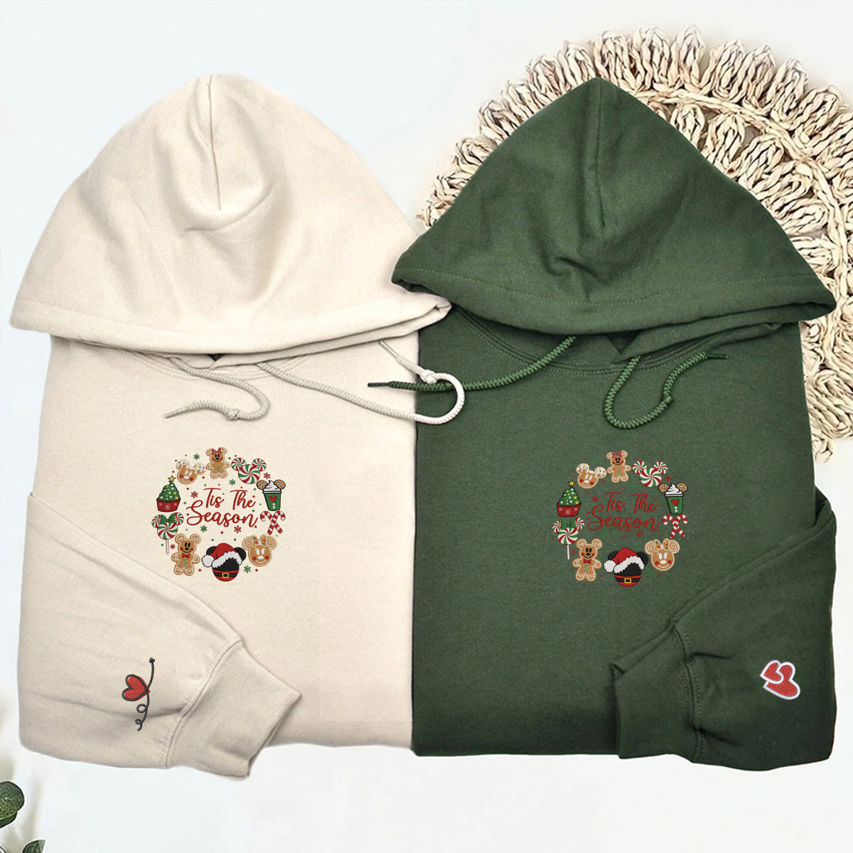 Custom Embroidered Peppermint Candy and Gingerbread Snack Christmas Hoodie, Warm Festive Season Matching for Couples