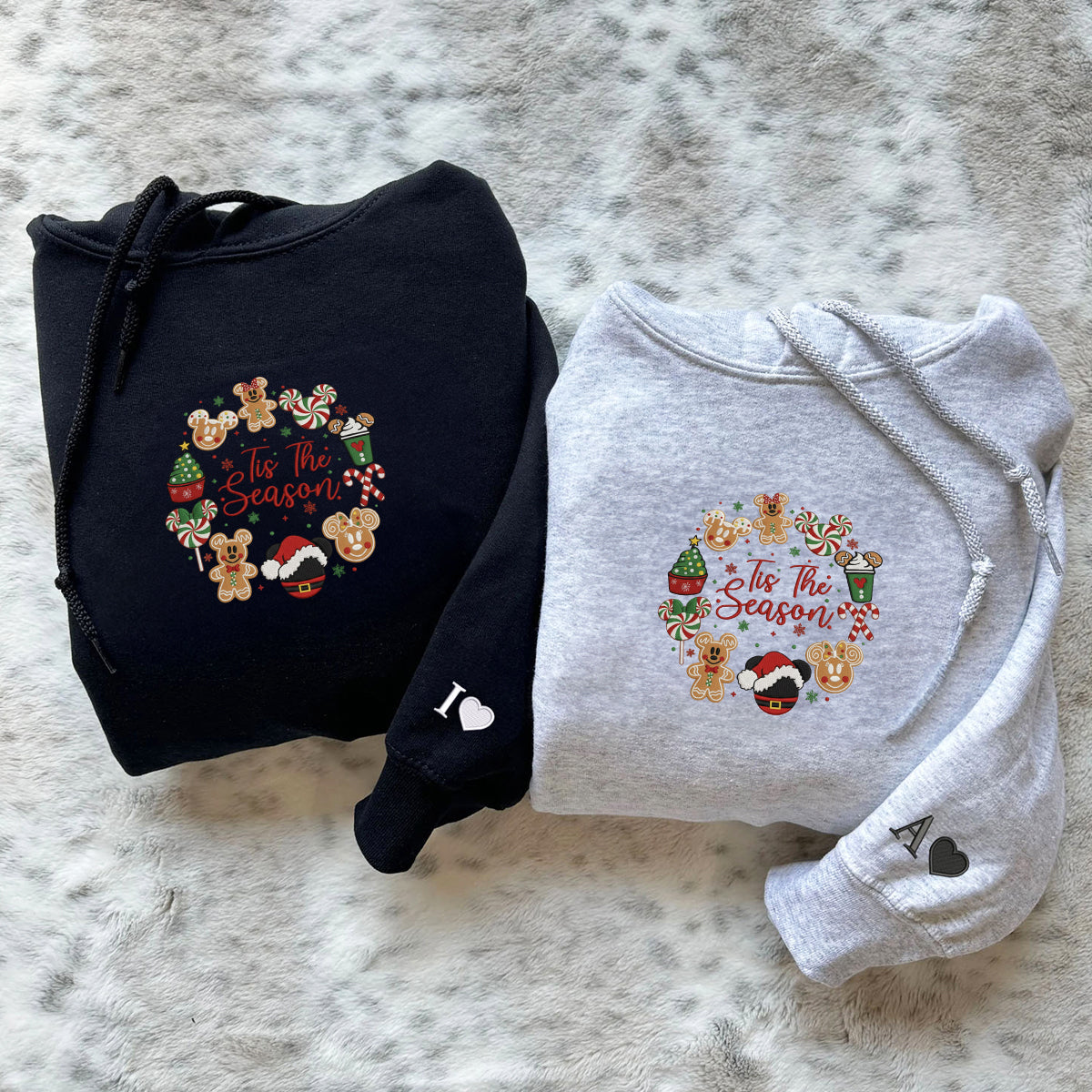 Custom Embroidered Peppermint Candy and Gingerbread Snack Christmas Hoodie, Warm Festive Season Matching for Couples