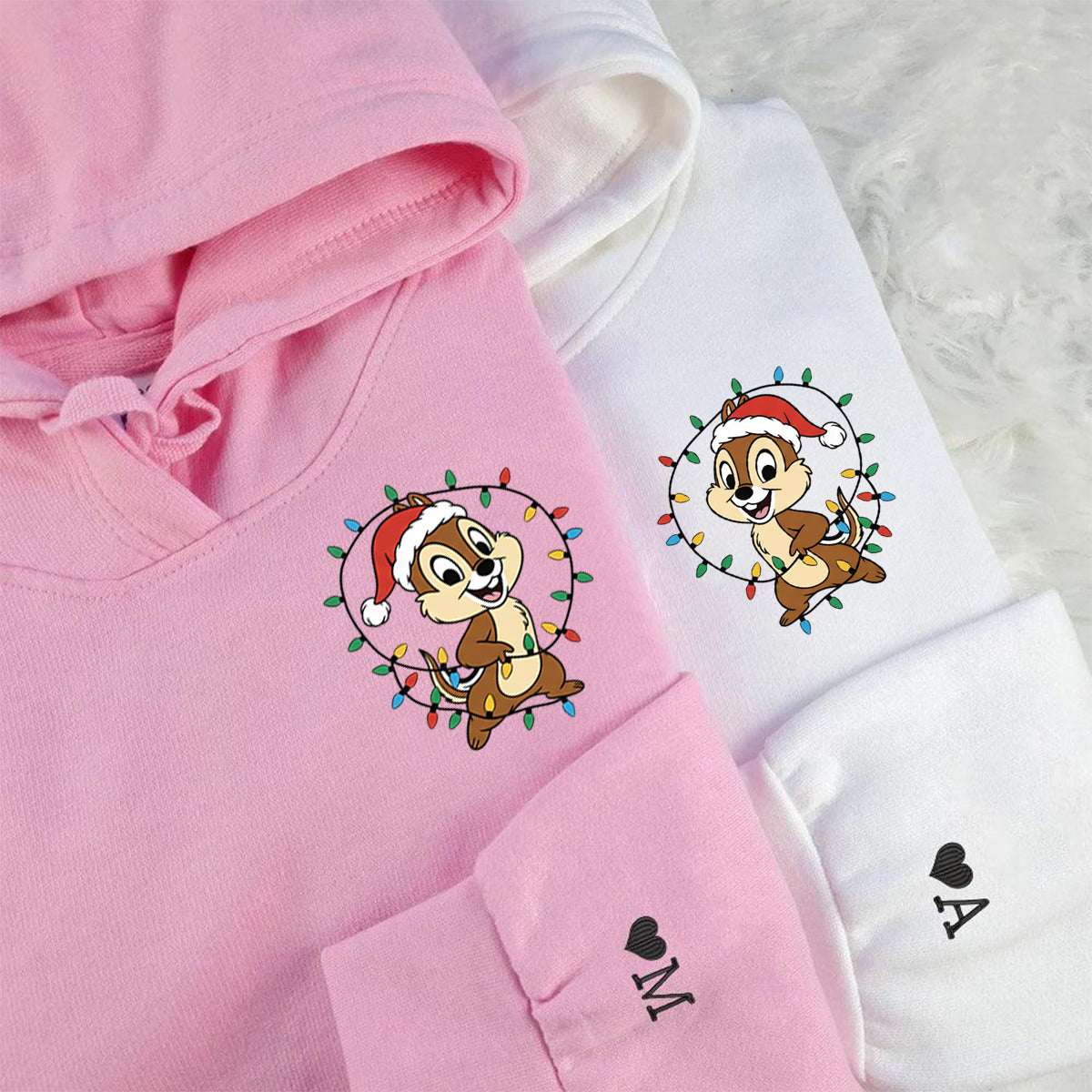 Custom Embroidered Playful Cartoon Chipmunk Friends Christmas Hoodie, Warm Sweatshirt Style Matching for Couples