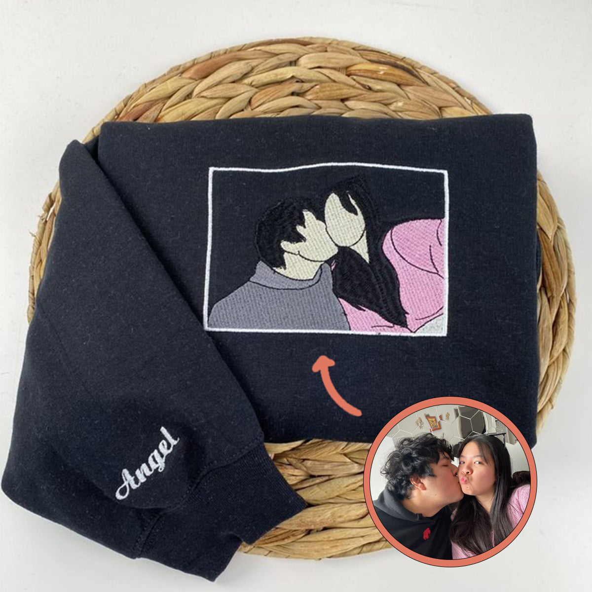 Custom Embroidered Hoodies For Couples, Custom Embroidered Portrait Photo Date On Sleeve Matching Couple Embroidered Hoodie