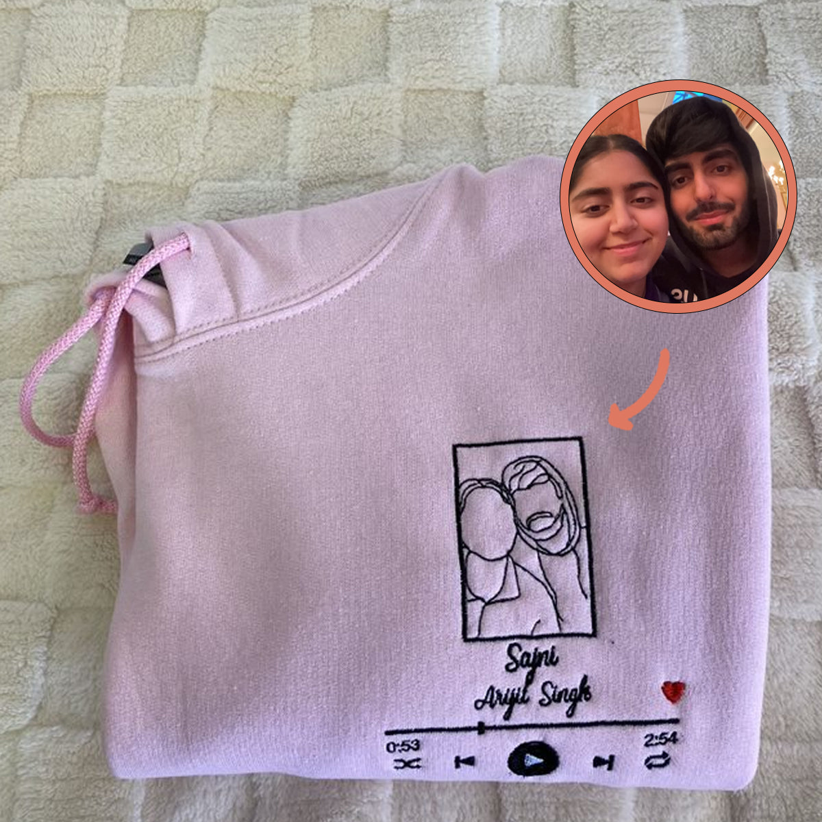Custom Embroidered Portrait Photo Love Song Date On Sleeve Matching Couples Embroidered Sweatshirt