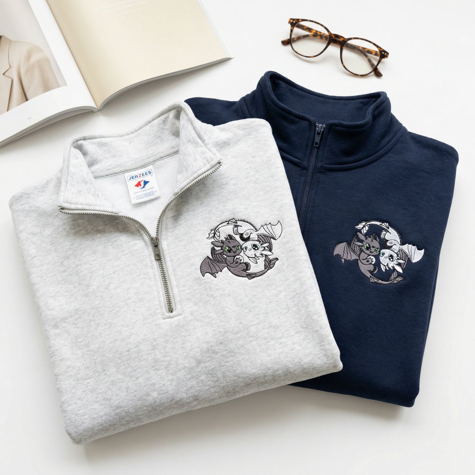 Custom Embroidered Quarter Zip Sweatshirt for Couples - Black Dragon x White Dragon Matching Full-Zip Hoodie