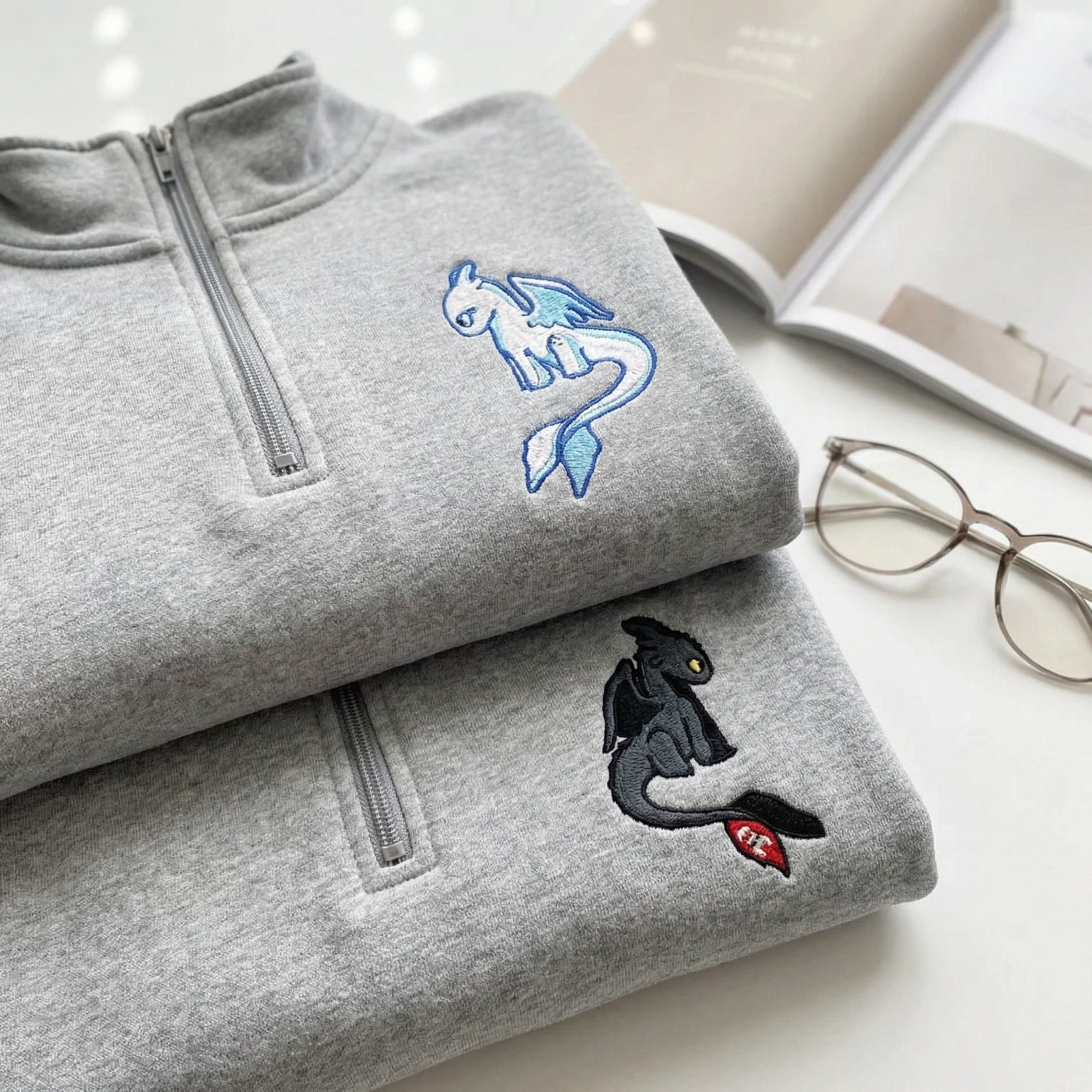 Custom Embroidered Quarter Zip Sweatshirt for Couples - Black Dragon x White Dragon Matching Full-Zip Hoodie