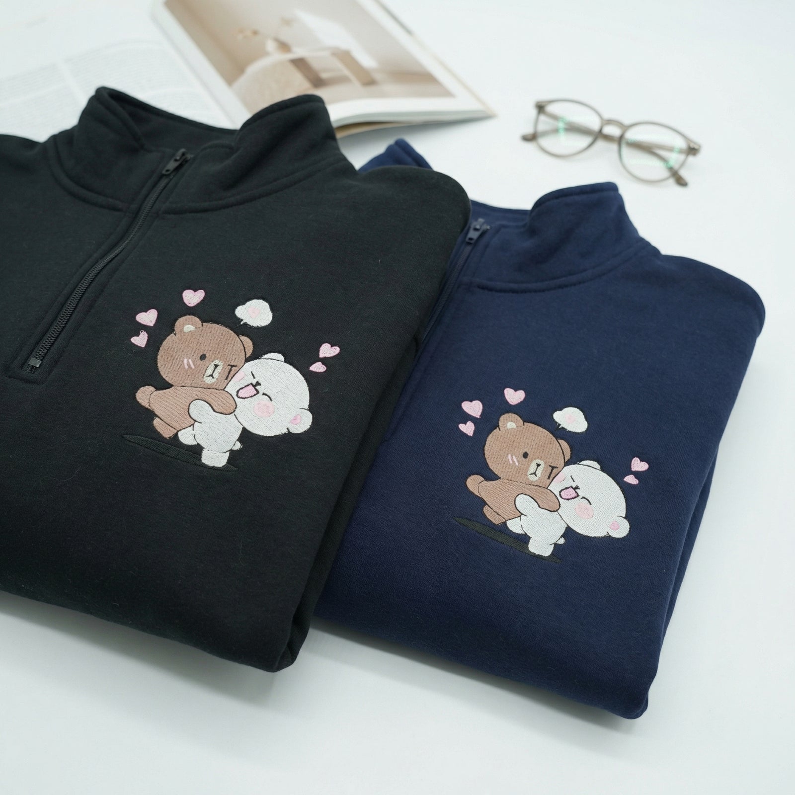 Custom Embroidered Quarter Zip Sweatshirt for Couples - Brown & Cream Bears Matching Full-Zip Hoodie