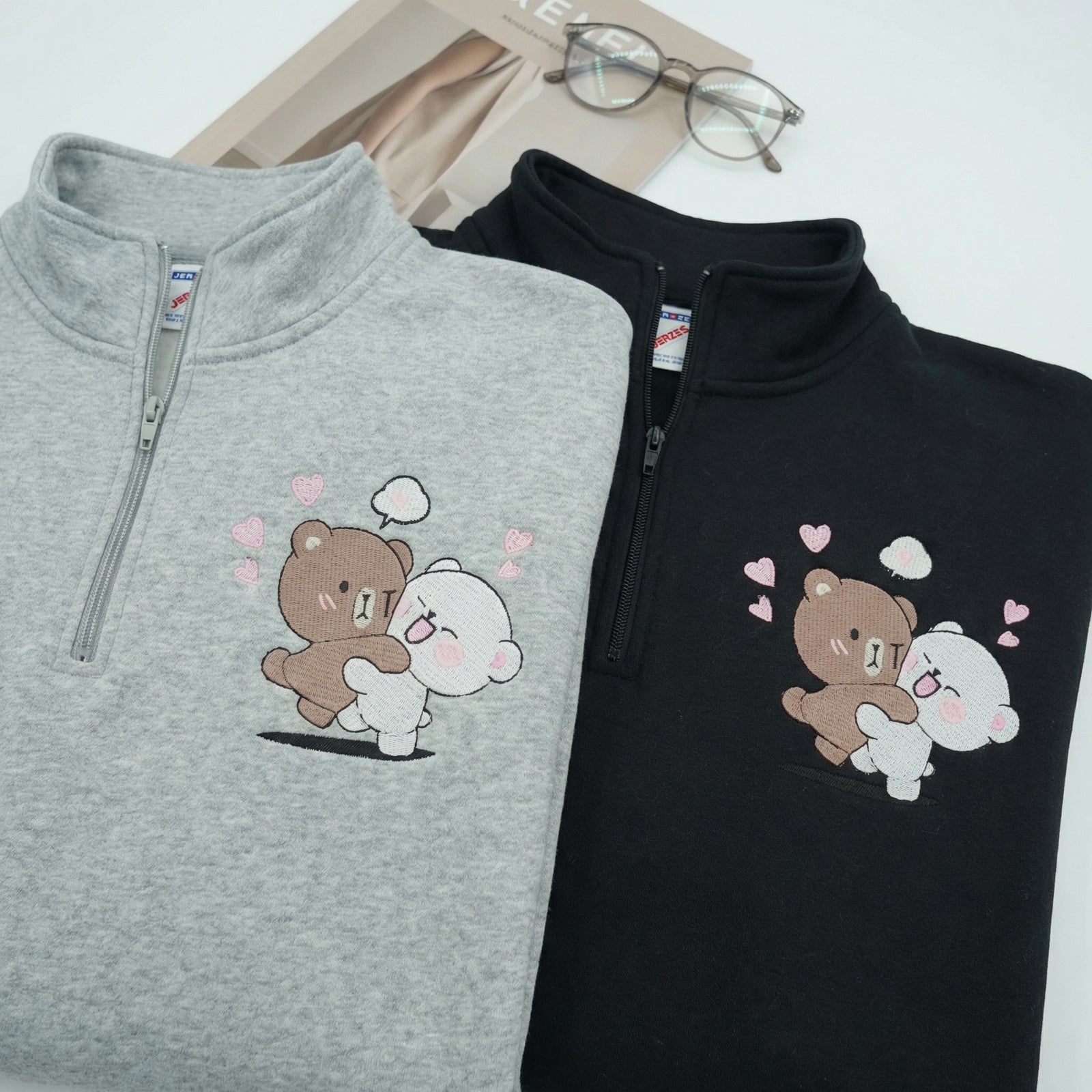 Custom Embroidered Quarter Zip Sweatshirt for Couples - Brown & Cream Bears Matching Full-Zip Hoodie