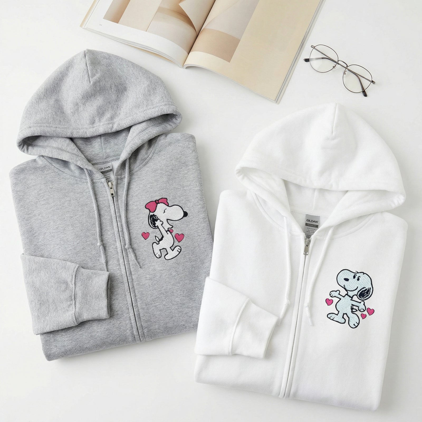 Custom Embroidered Quarter Zip Sweatshirt for Couples - Cute Cartoon Dog Character Matching Full-Zip Hoodie