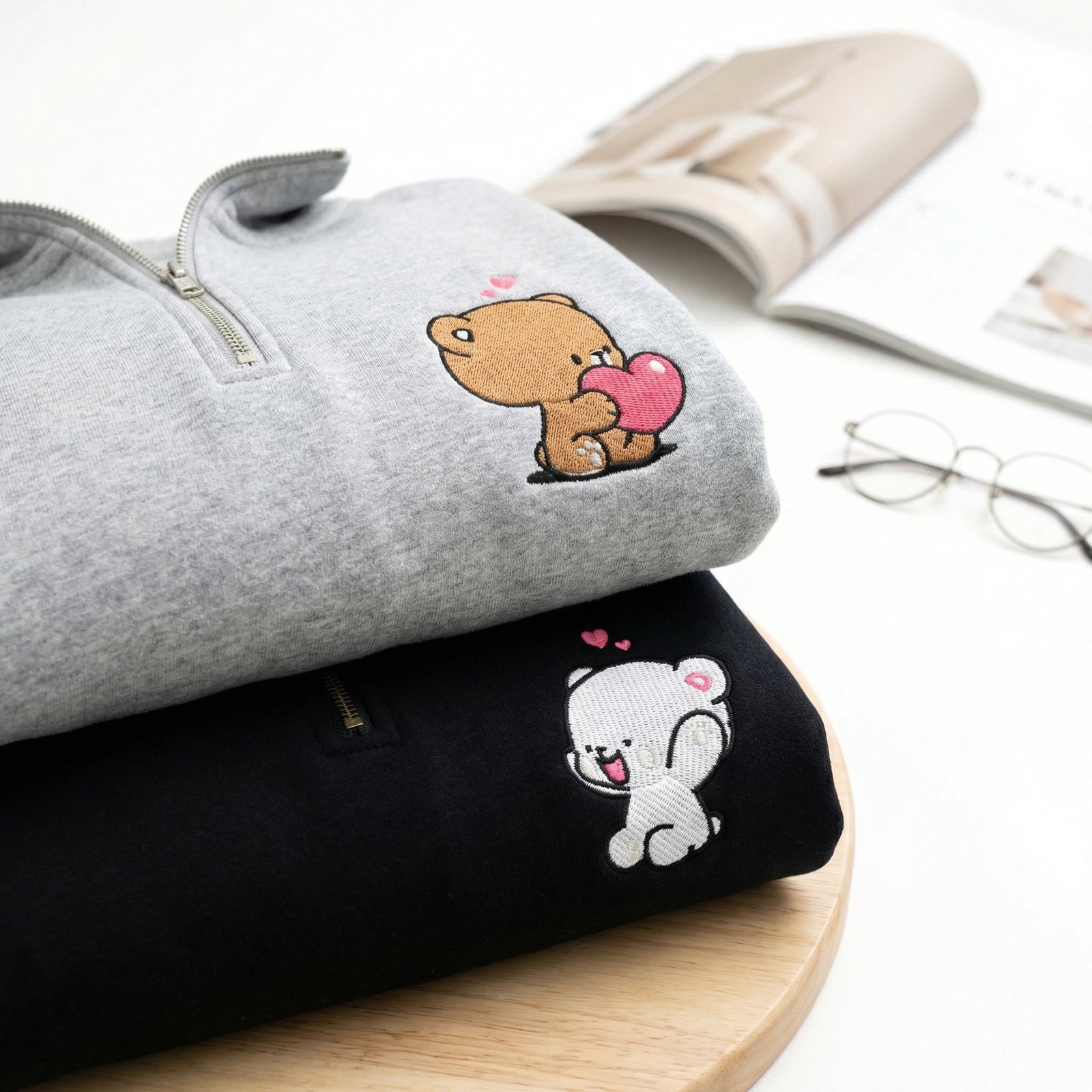 Custom Embroidered Quarter Zip Sweatshirt for Couples - Cute Loving Bears Valentine Hoodie