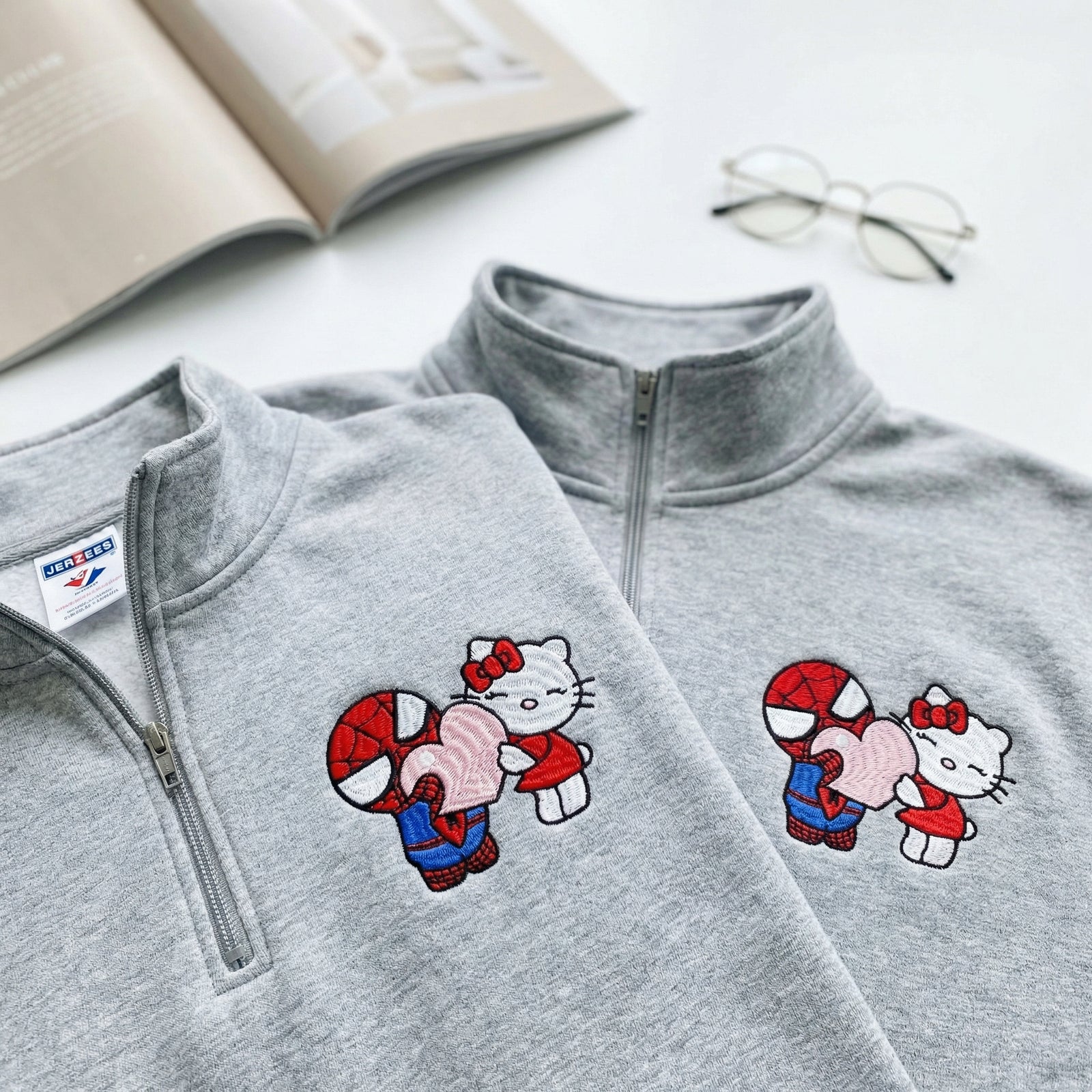 Custom Embroidered Quarter Zip Sweatshirt for Couples - Lovely Kitten Kiss Spider Chibi Matching Full-Zip Hoodie