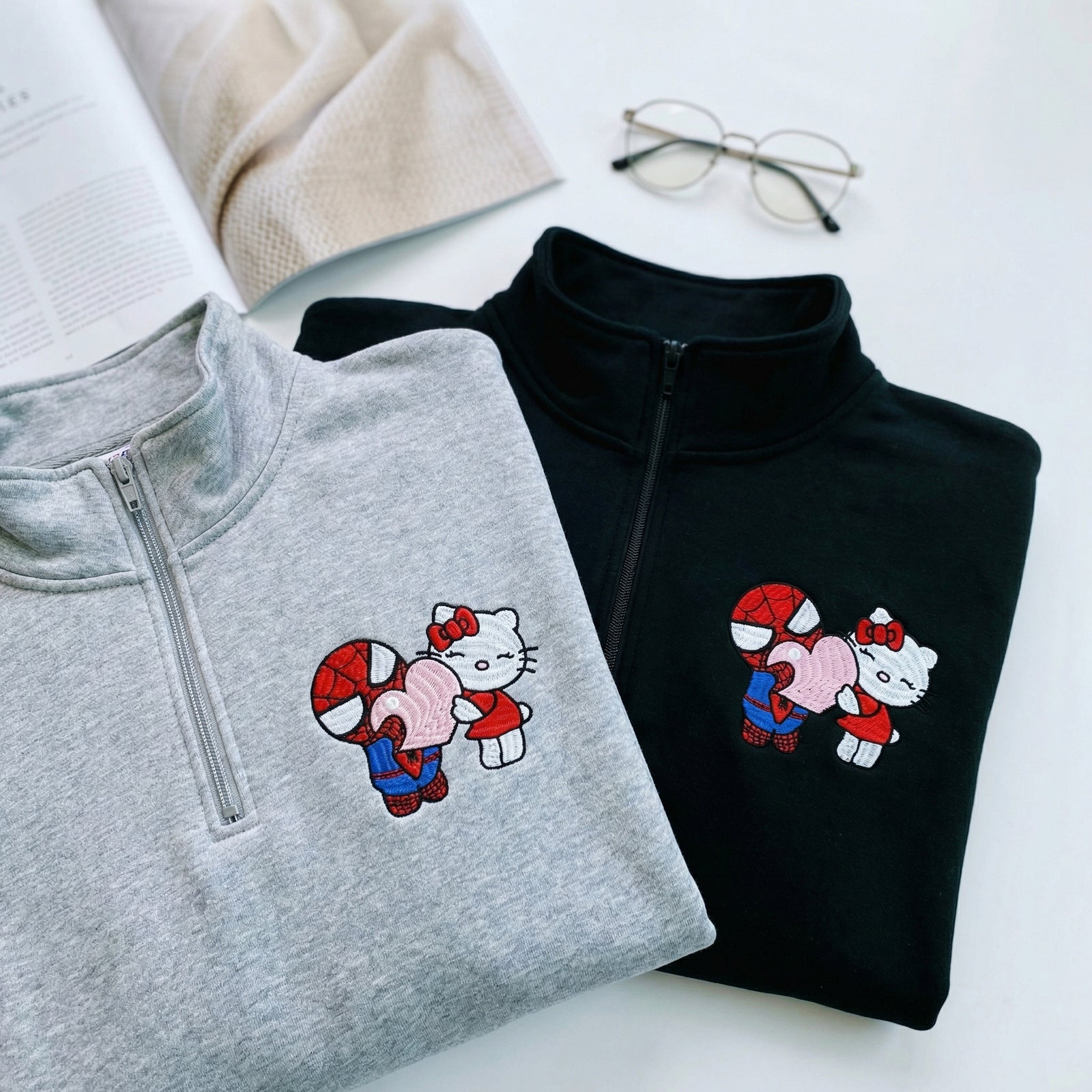 Custom Embroidered Quarter Zip Sweatshirt for Couples - Lovely Kitten Kiss Spider Chibi Matching Full-Zip Hoodie