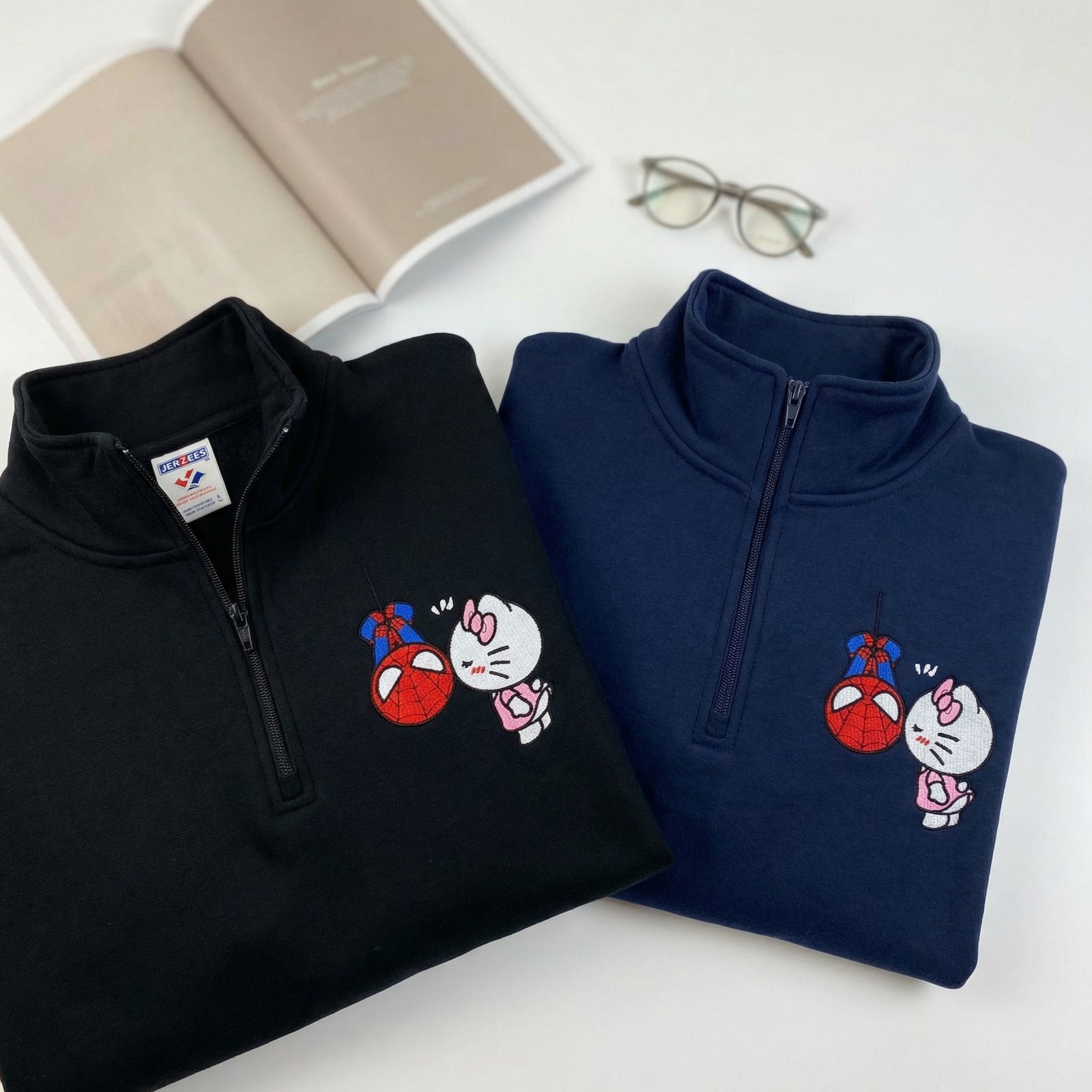 Custom Embroidered Quarter Zip Sweatshirt for Couples - Lovely Kitten Kiss Spider Chibi Matching Full-Zip Hoodie