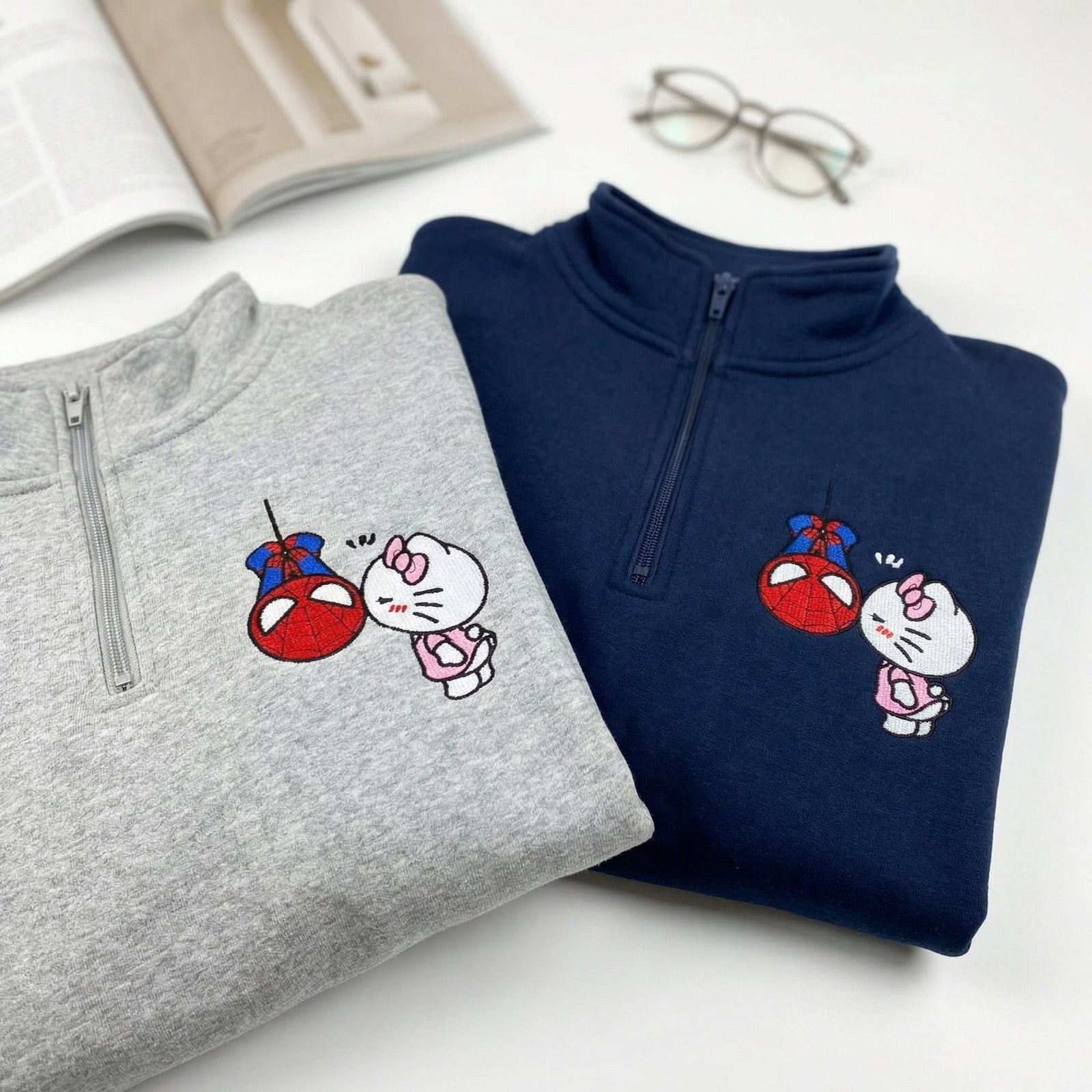 Custom Embroidered Quarter Zip Sweatshirt for Couples - Lovely Kitten Kiss Spider Chibi Matching Full-Zip Hoodie