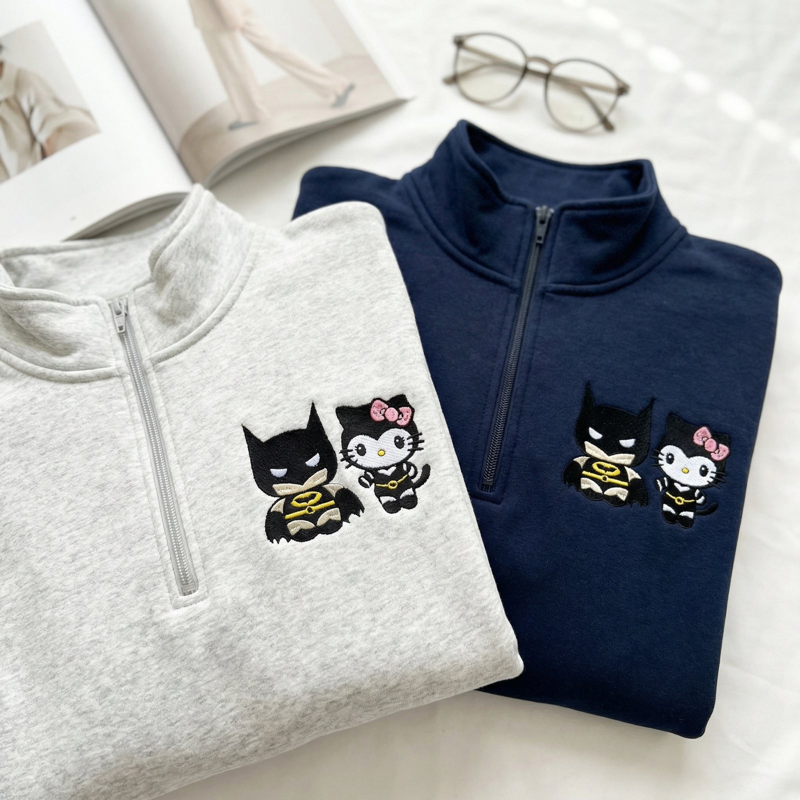 Custom Embroidered Quarter Zip Sweatshirt for Couples - Lovely Kitten Kiss Spider Chibi Matching Full-Zip Hoodie