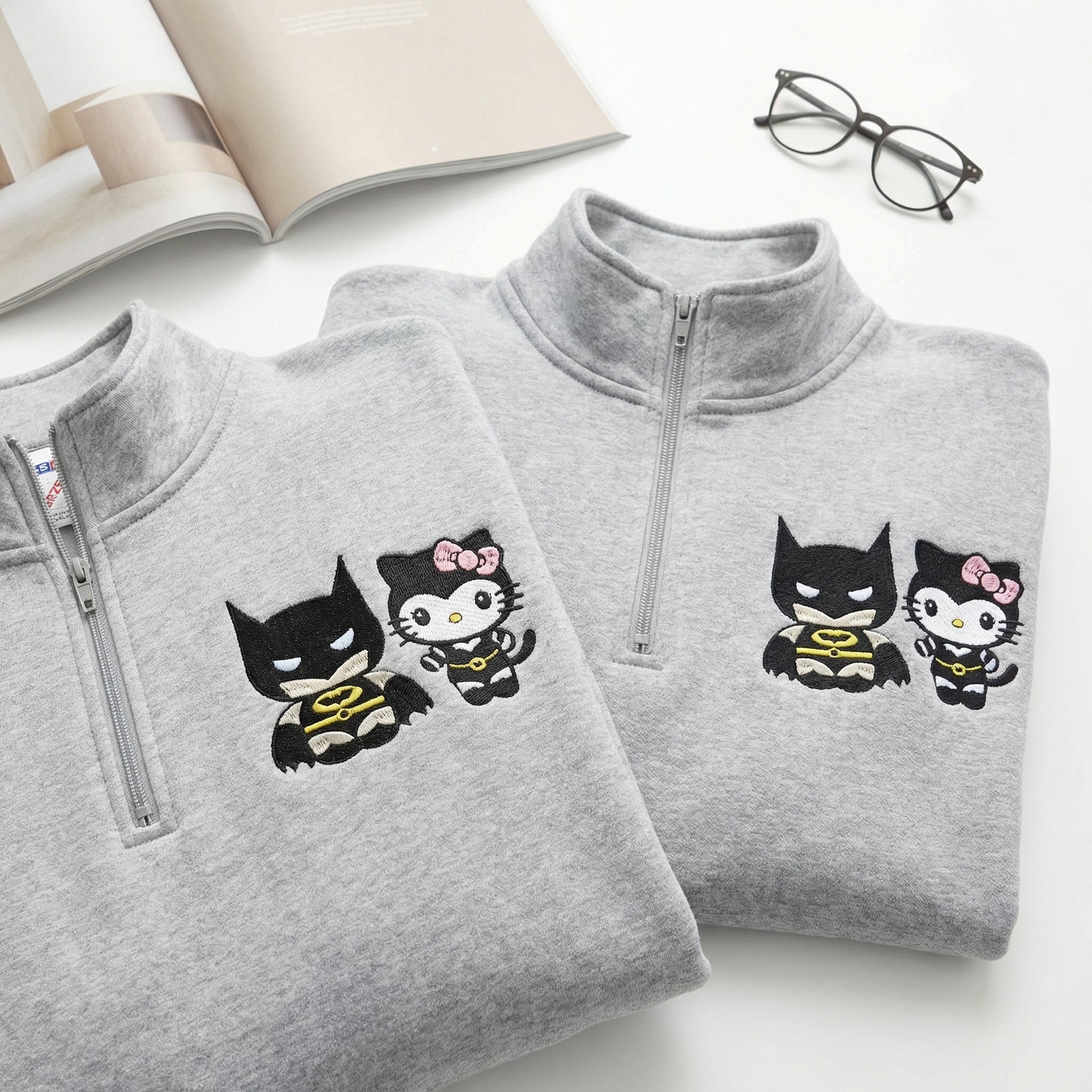 Custom Embroidered Quarter Zip Sweatshirt for Couples - Lovely Kitten Kiss Spider Chibi Matching Full-Zip Hoodie