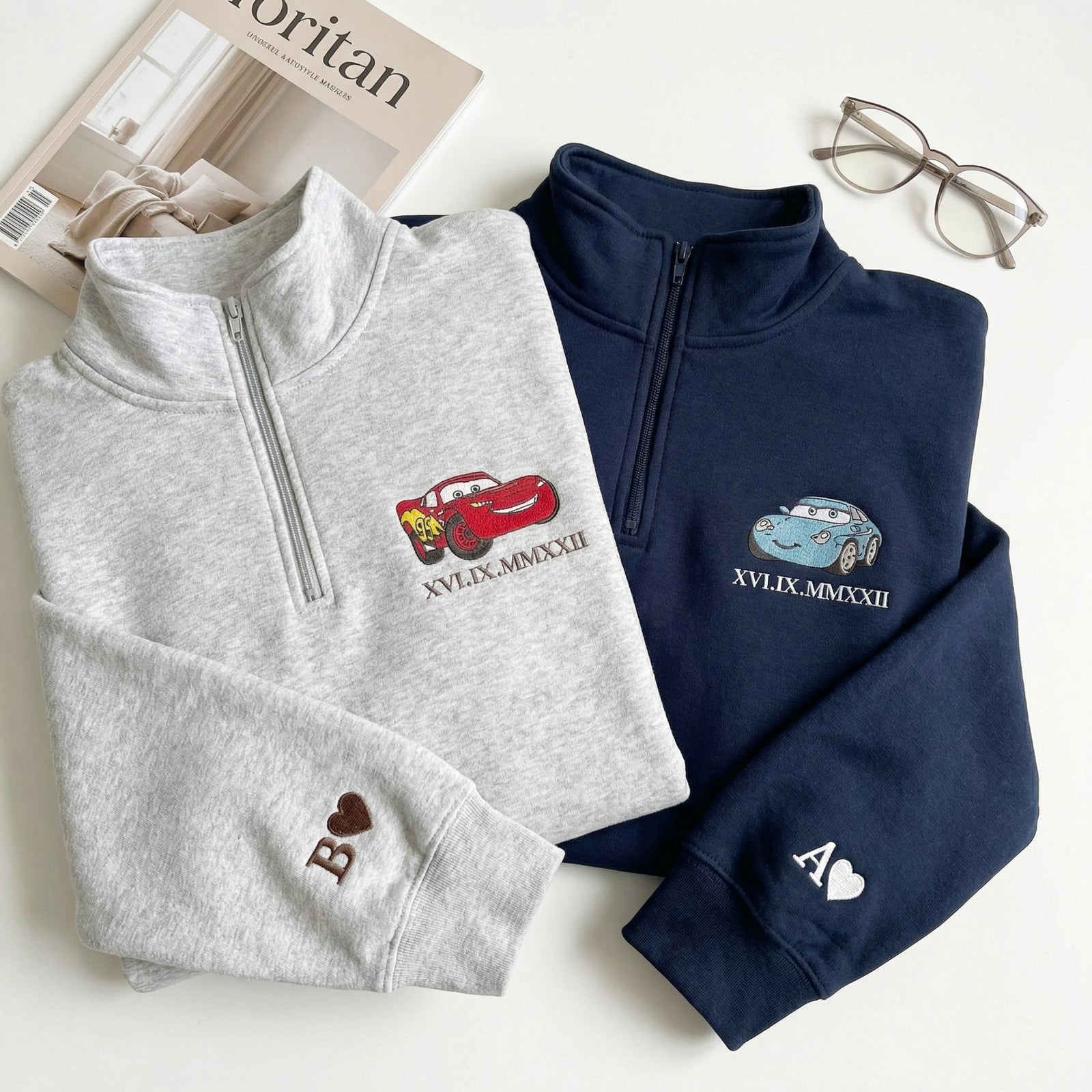 Custom Embroidered Quarter Zip Sweatshirt for Couples - Roman Numeral Date Car Matching Full-Zip Hoodie