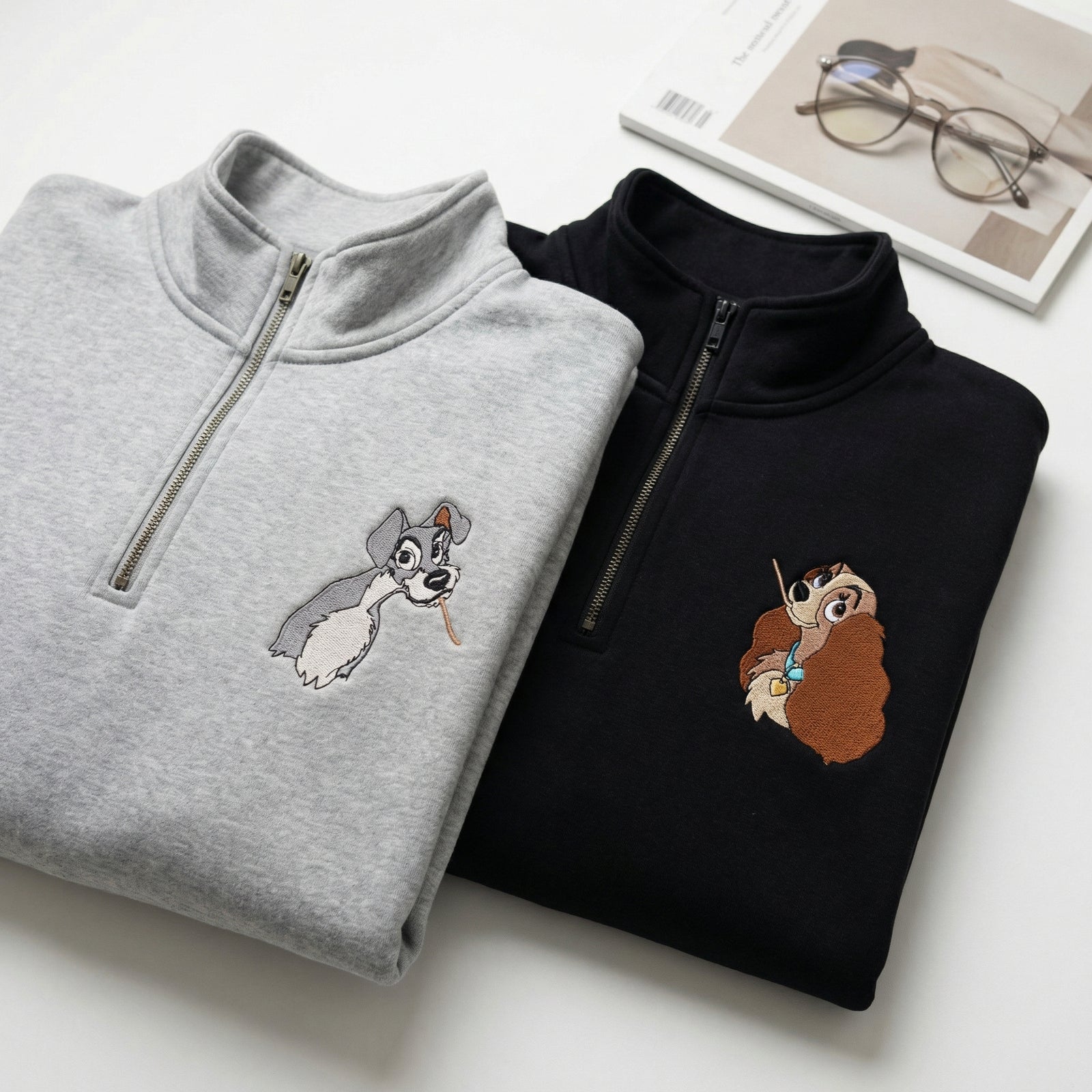 Custom Embroidered Quarter Zip Sweatshirts for Couples - Adorable Cartoon Dog Matching Full-Zip Hoodie