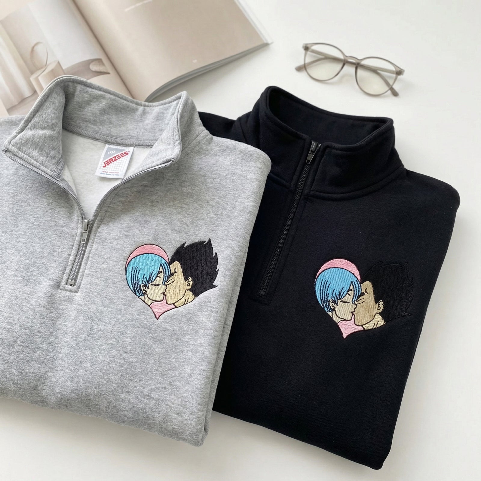 Custom Embroidered Quarter Zip Sweatshirts for Couples - Adorable Romantic Cartoon Matching Hoodie