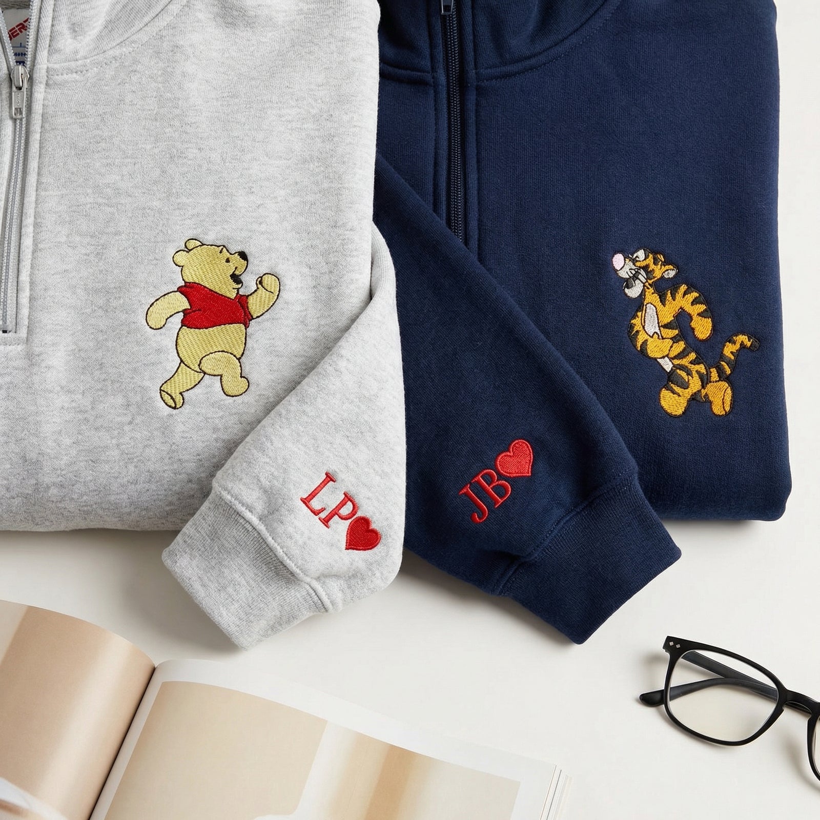 Custom Embroidered Quarter Zip Sweatshirts for Couples - Bear & Tiger His and Her Matching Full-Zip Hoodie