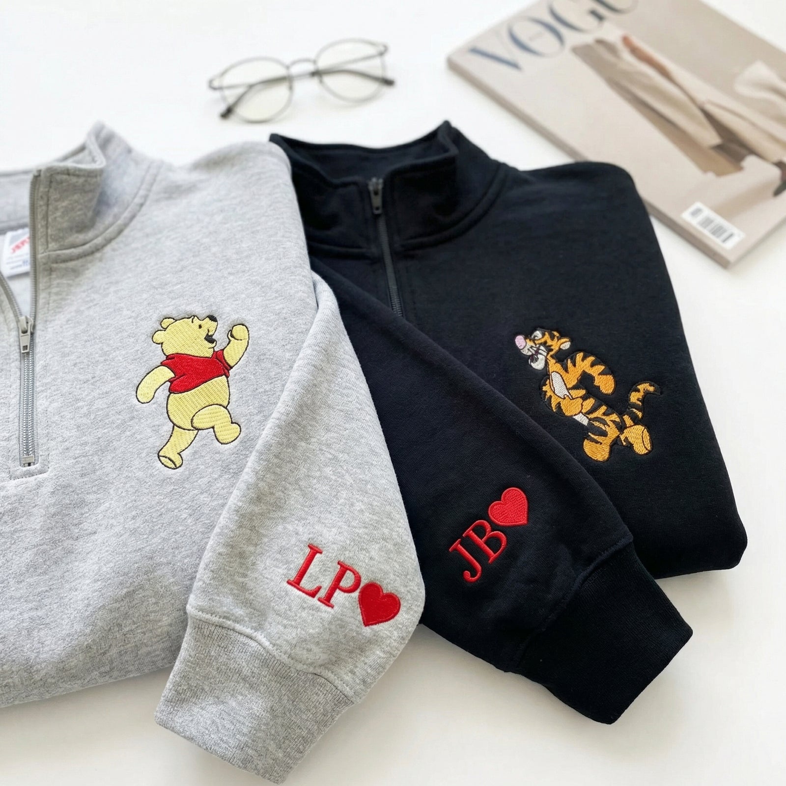 Custom Embroidered Quarter Zip Sweatshirts for Couples - Bear & Tiger His and Her Matching Full-Zip Hoodie