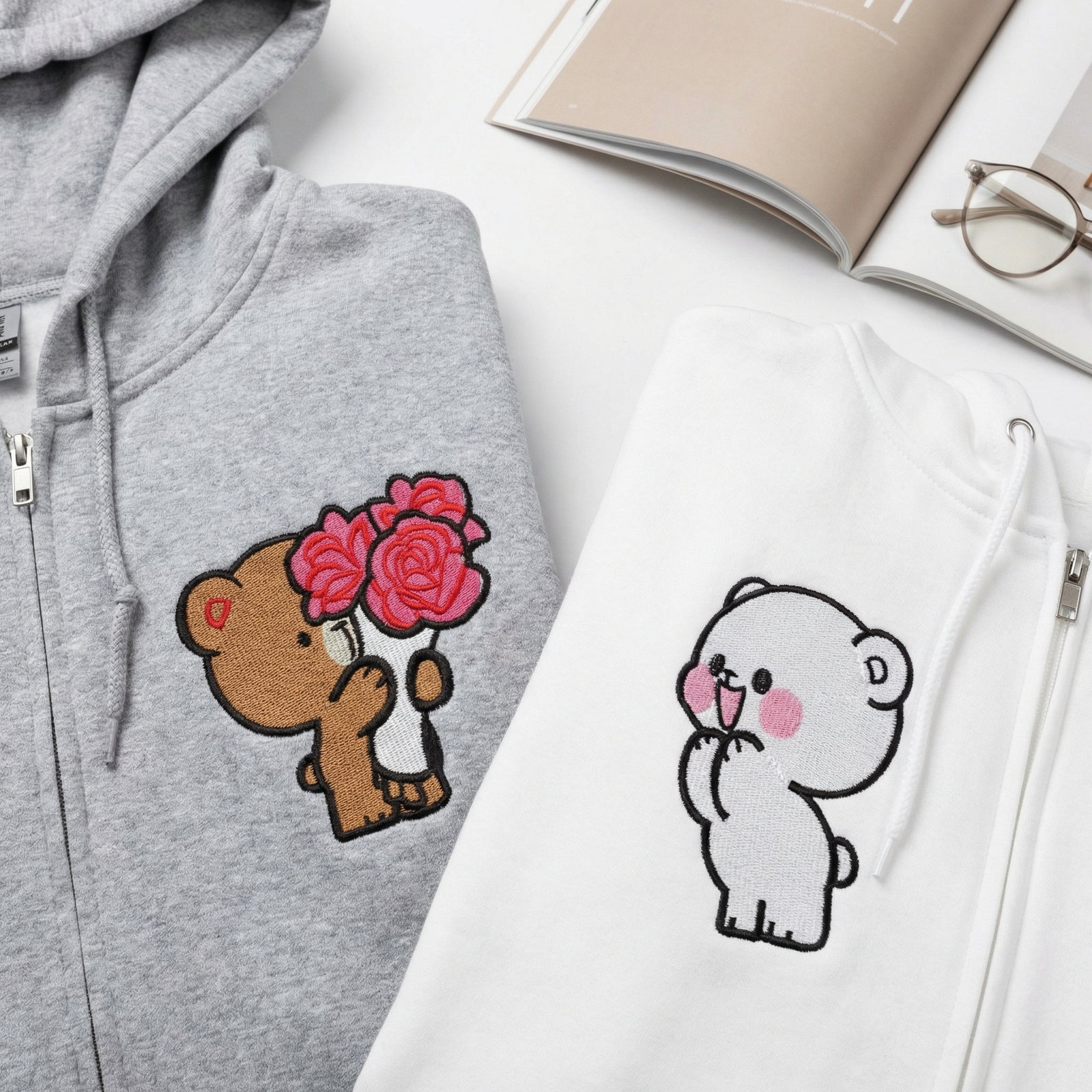 Custom Embroidered Quarter Zip Sweatshirts for Couples - Brown & Cream Bears Matching Full-Zip Hoodie