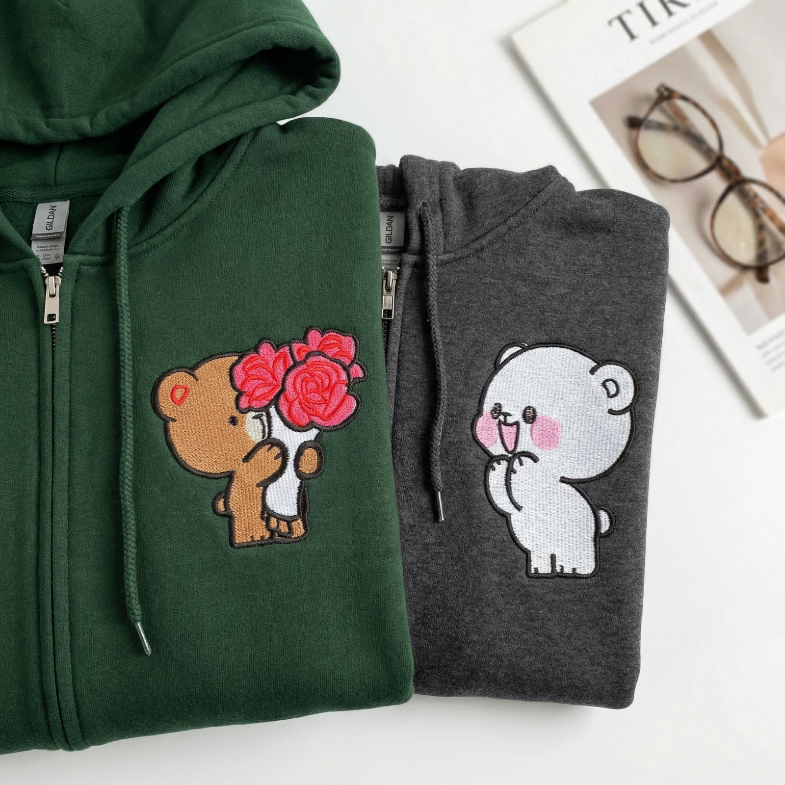 Custom Embroidered Quarter Zip Sweatshirts for Couples - Brown & Cream Bears Matching Full-Zip Hoodie