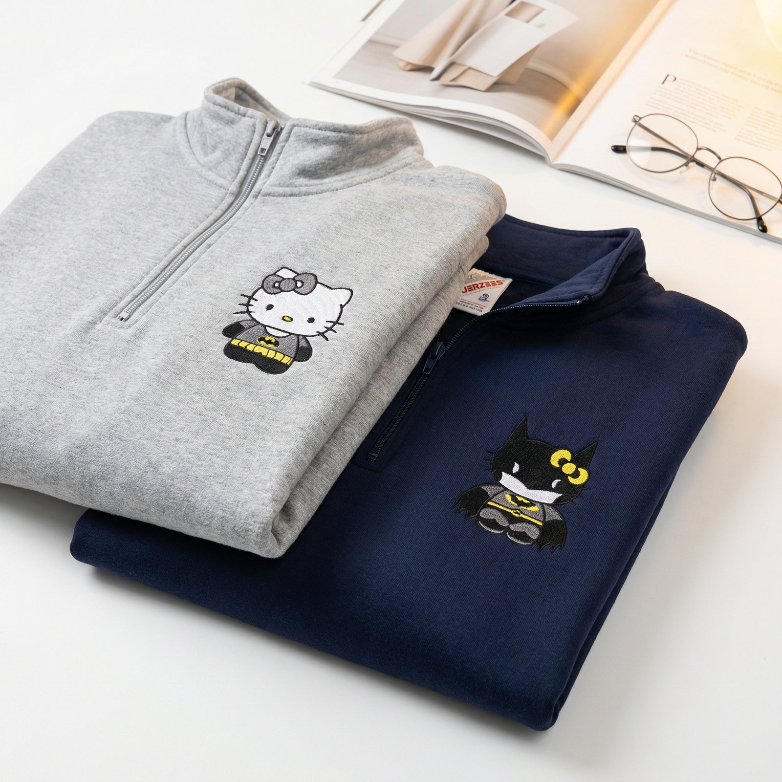 Custom Embroidered Quarter Zip Sweatshirts for Couples - Cartoon Bat & Kitten Matching Full-Zip Hoodie