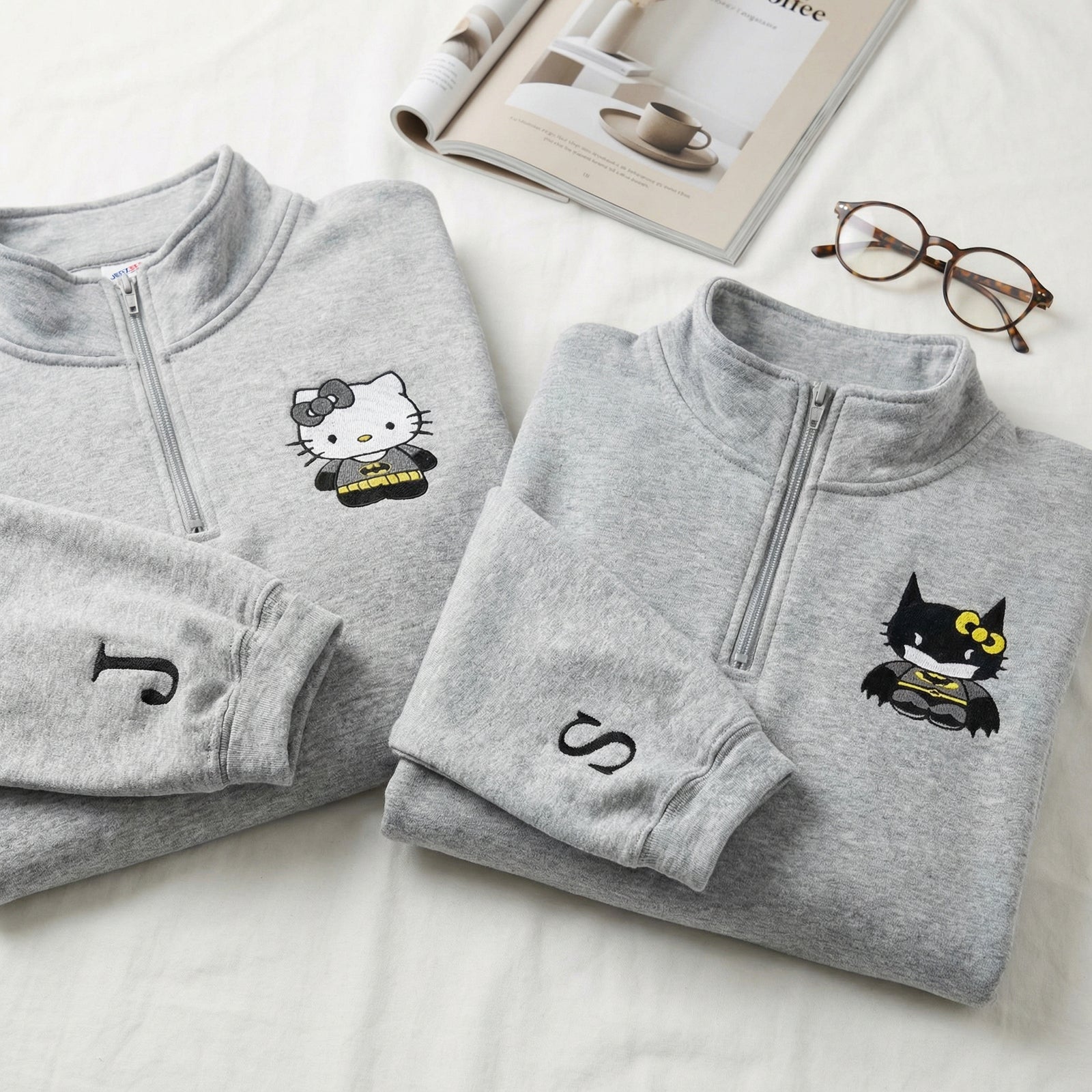 Custom Embroidered Quarter Zip Sweatshirts for Couples - Cartoon Bat & Kitten Matching Full-Zip Hoodie