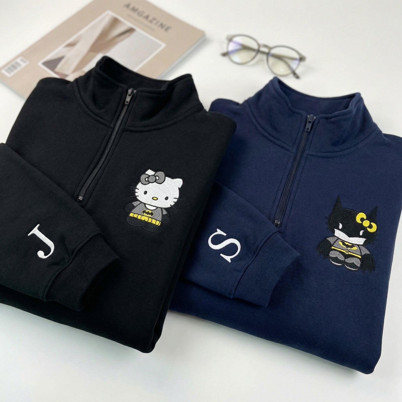 Custom Embroidered Quarter Zip Sweatshirts for Couples - Cartoon Bat & Kitten Matching Full-Zip Hoodie