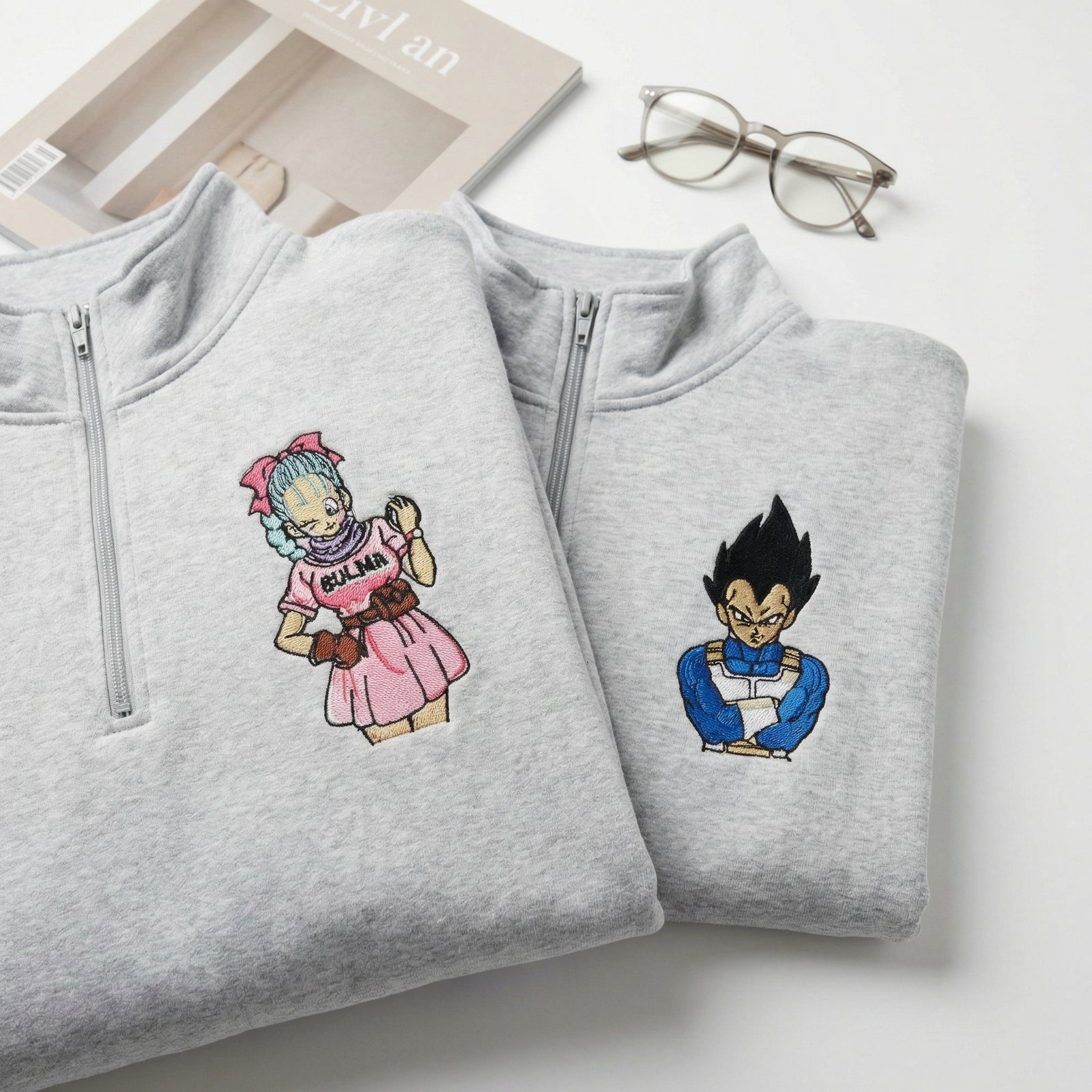 Custom Embroidered Quarter Zip Sweatshirts for Couples - Cartoon Inspired Matching Full-Zip Hoodie
