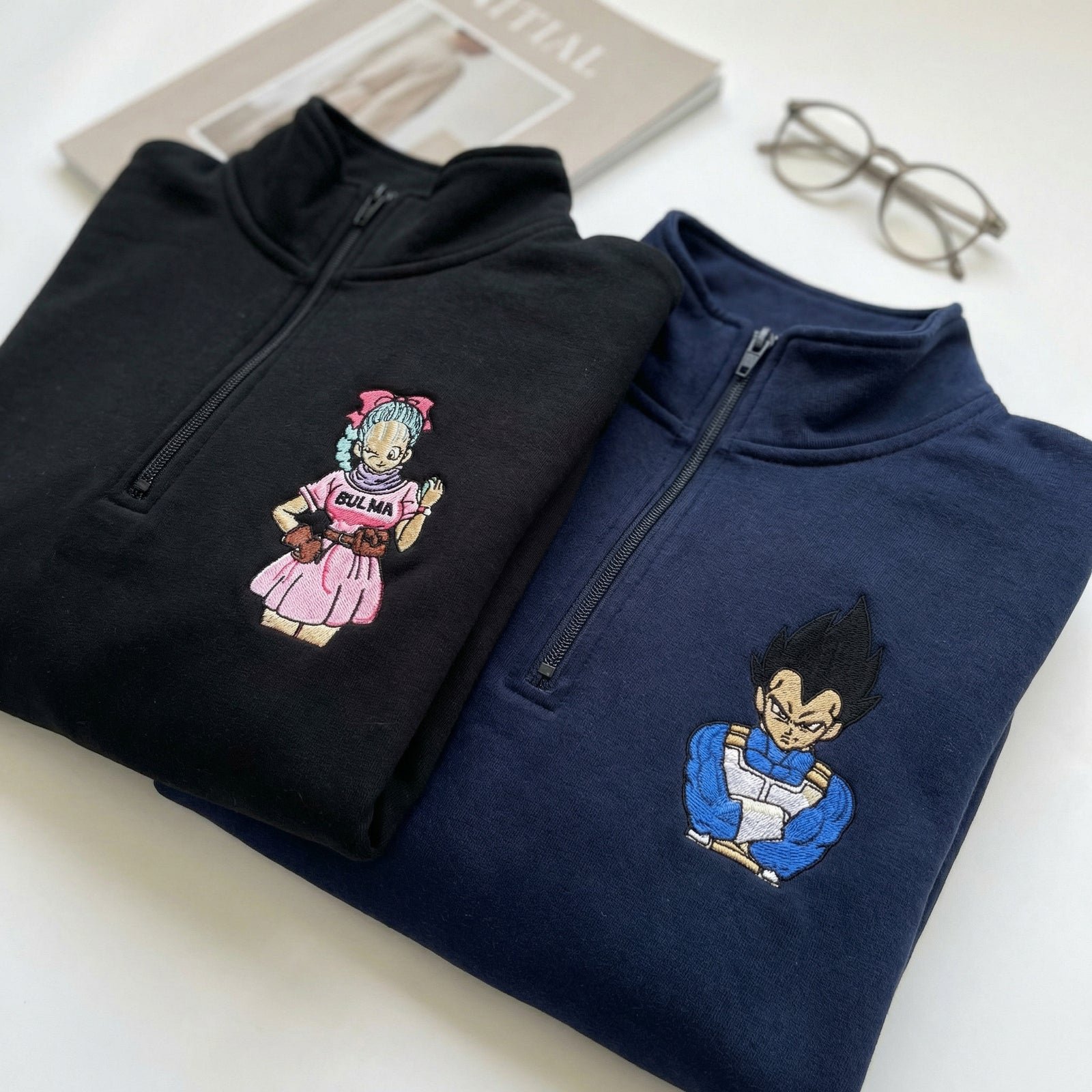 Custom Embroidered Quarter Zip Sweatshirts for Couples - Cartoon Inspired Matching Full-Zip Hoodie