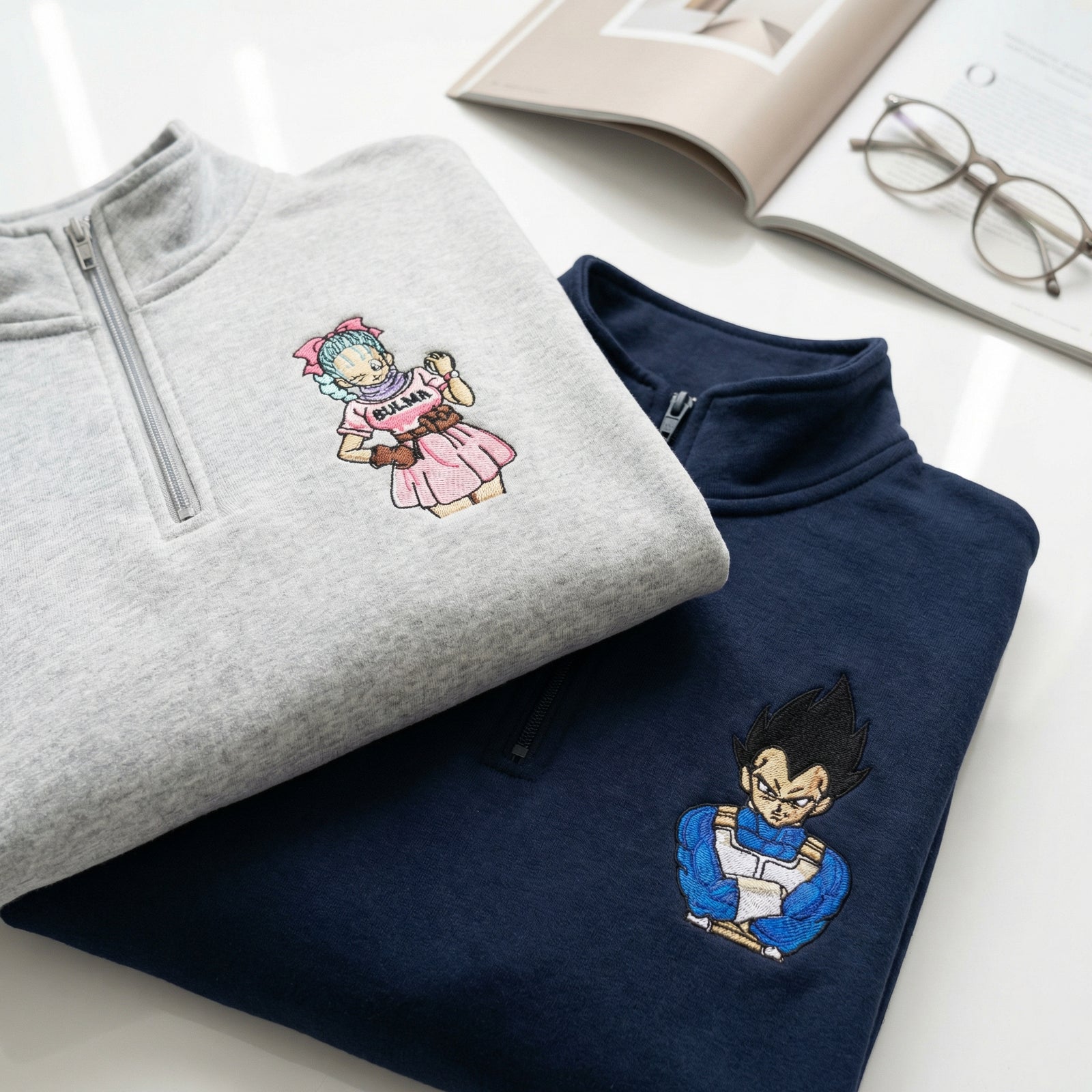 Custom Embroidered Quarter Zip Sweatshirts for Couples - Cartoon Inspired Matching Full-Zip Hoodie
