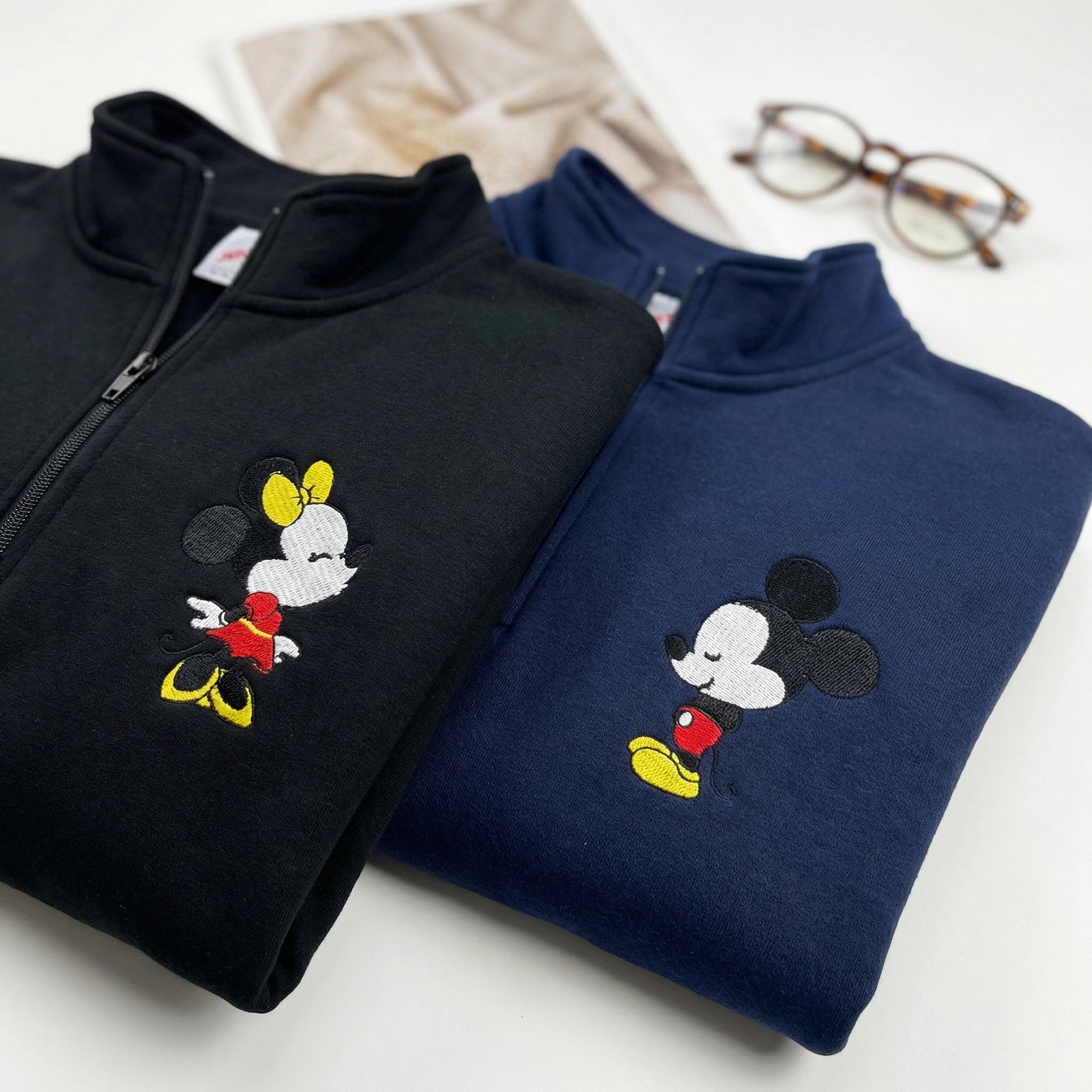 Custom Embroidered Quarter Zip Sweatshirts for Couples - Cartoon Mouse in Love Matching Full-Zip Hoodie