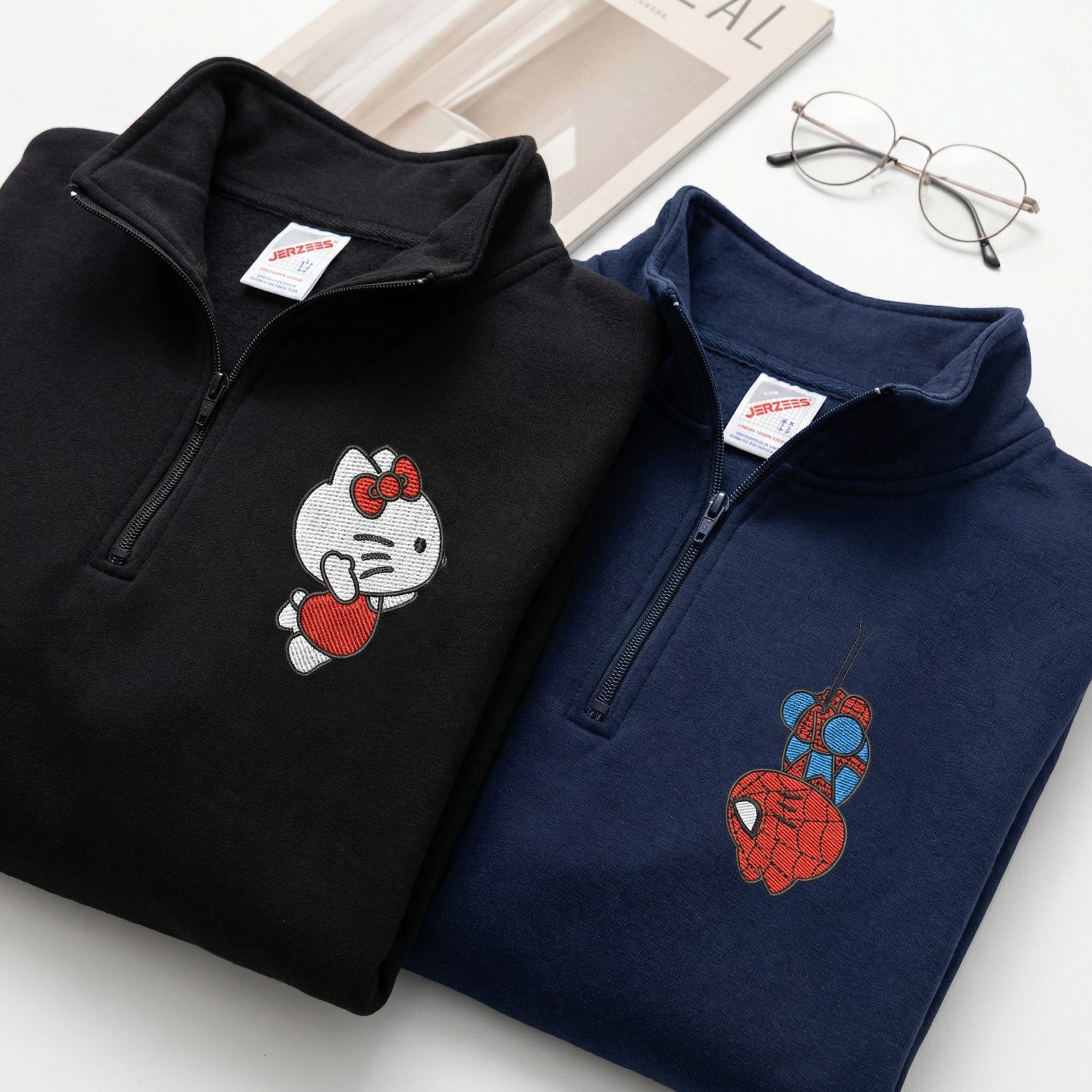 Custom Embroidered Quarter Zip Sweatshirts for Couples - Cartoon Spider & Kitten Matching Full-Zip Hoodie