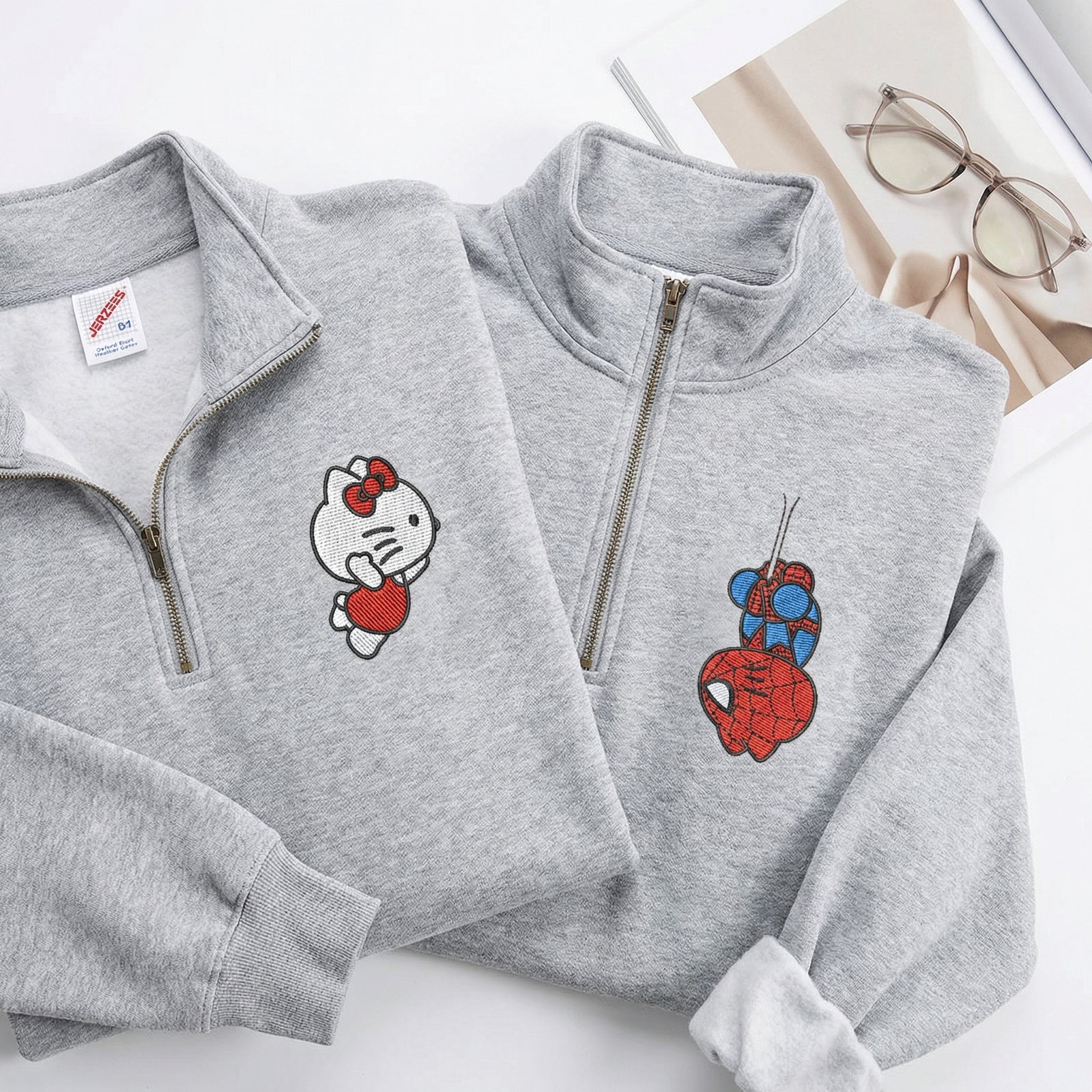 Custom Embroidered Quarter Zip Sweatshirts for Couples - Cartoon Spider & Kitten Matching Full-Zip Hoodie