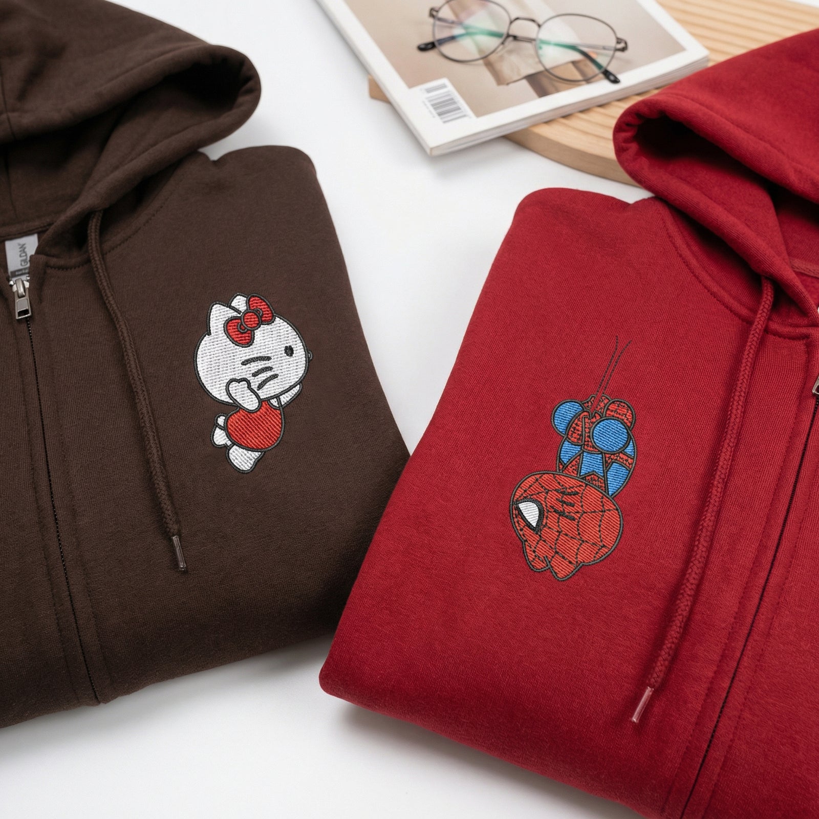 Custom Embroidered Quarter Zip Sweatshirts for Couples - Cartoon Spider & Kitten Matching Full-Zip Hoodie