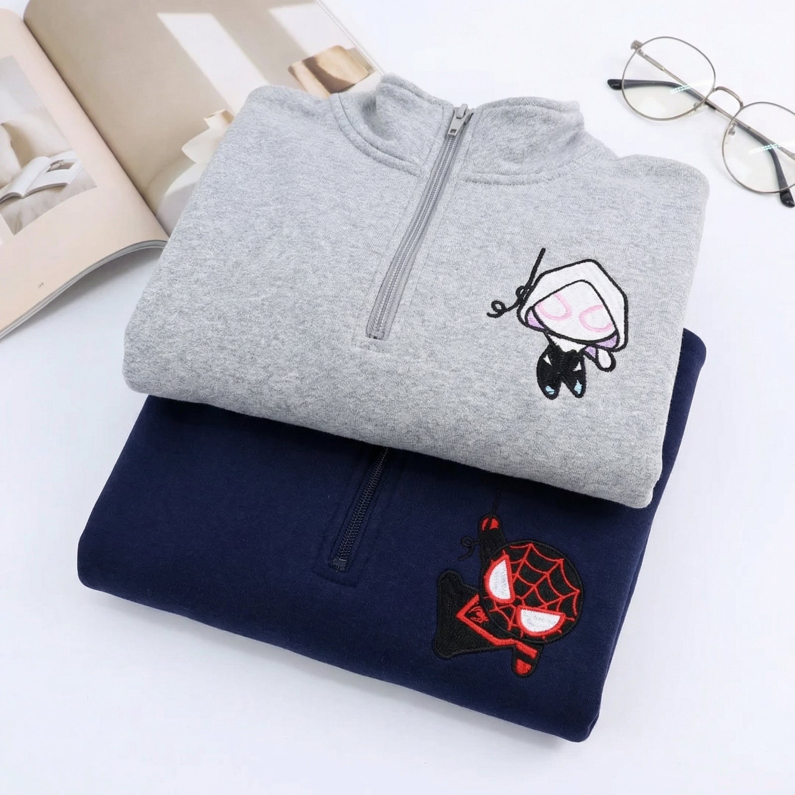 Custom Embroidered Quarter Zip Sweatshirts for Couples - Cartoon Superhero Inspired Matching Full-Zip Hoodie