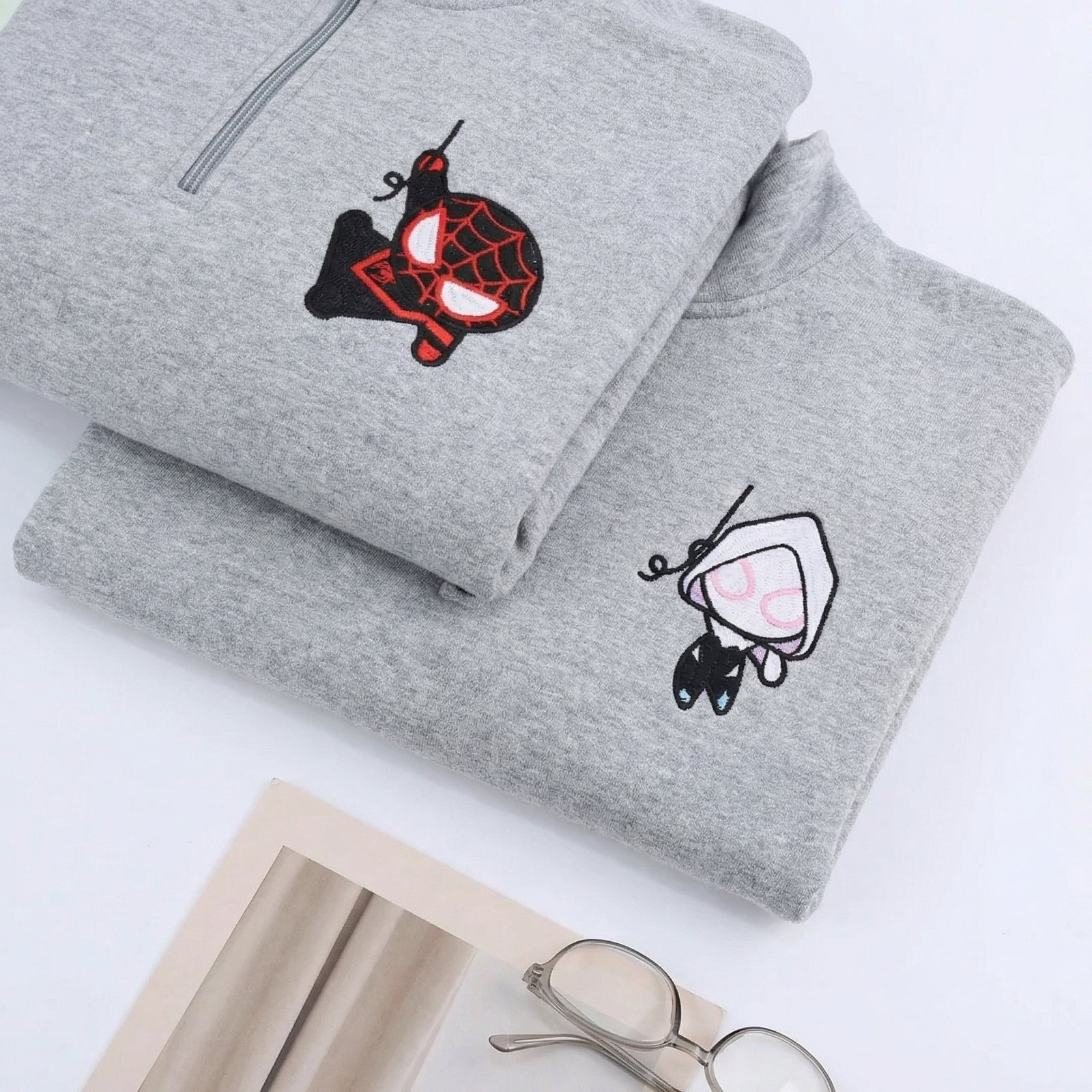 Custom Embroidered Quarter Zip Sweatshirts for Couples - Cartoon Superhero Inspired Matching Full-Zip Hoodie
